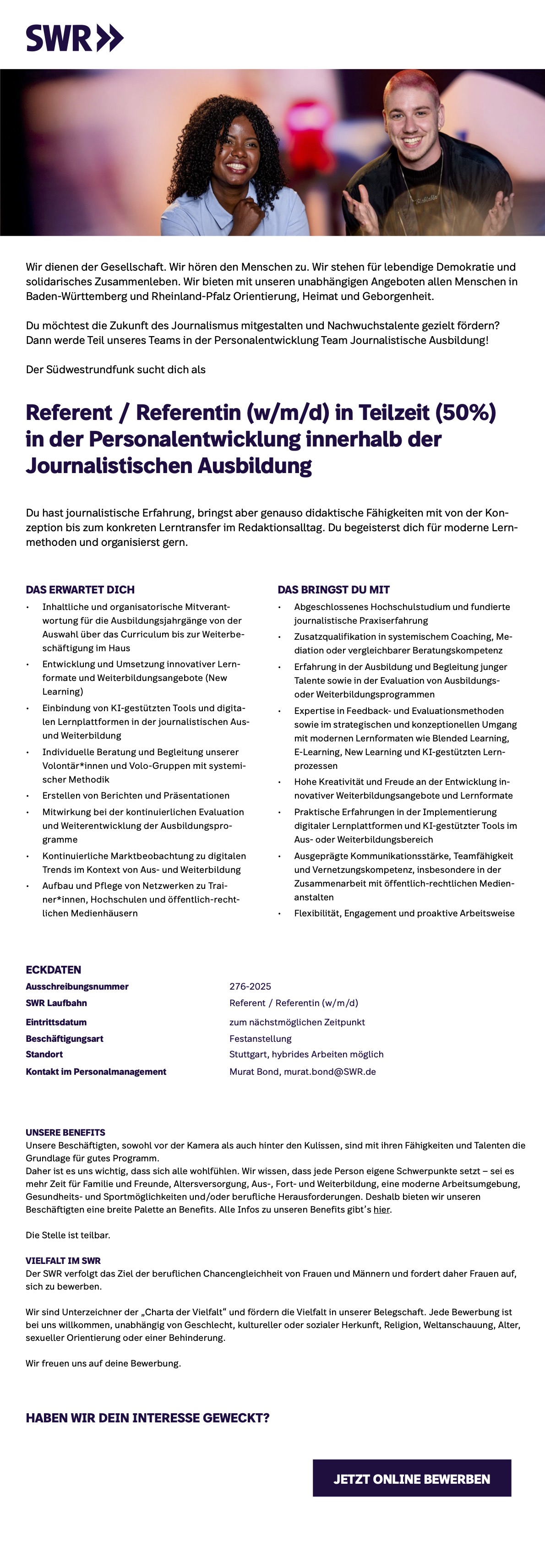 Referent / Referentin (w/m/d) Personalentwicklung Journalistische Ausbildung (Teilzeit)