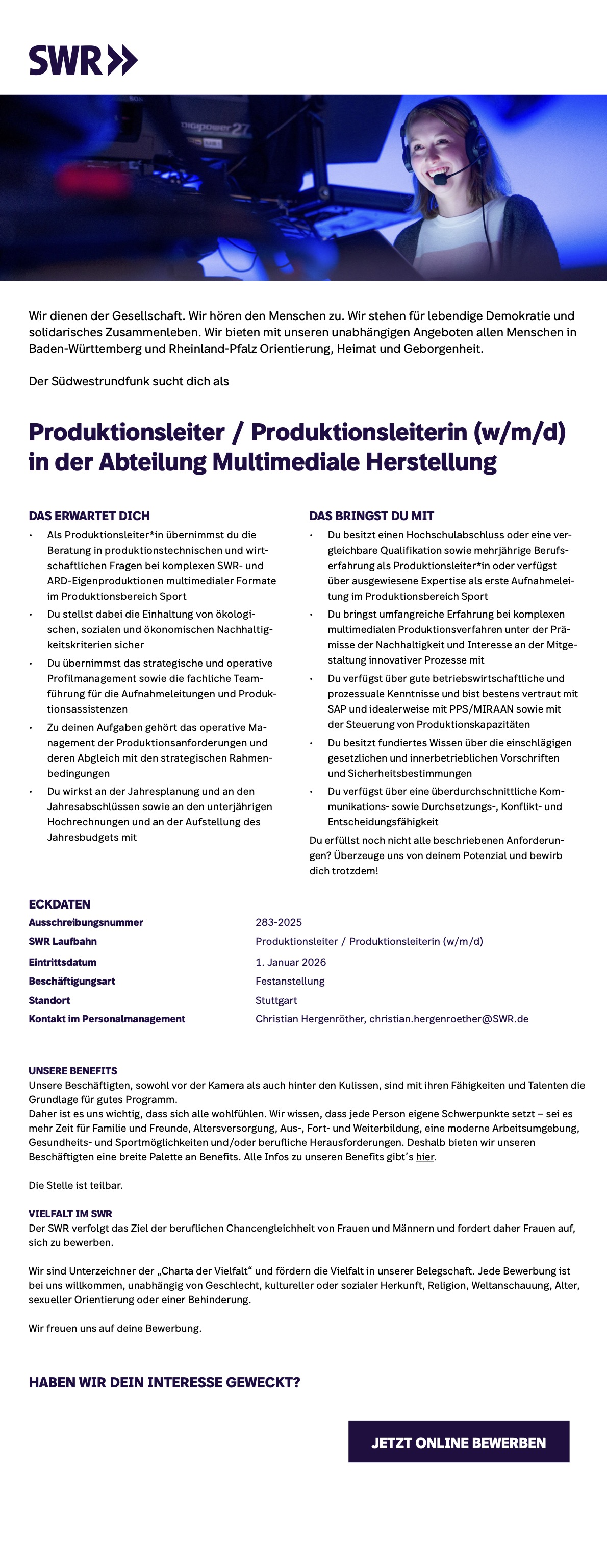 Produktionsleiter / Produktionsleiterin (w/m/d) Abteilung Multimediale Herstellung