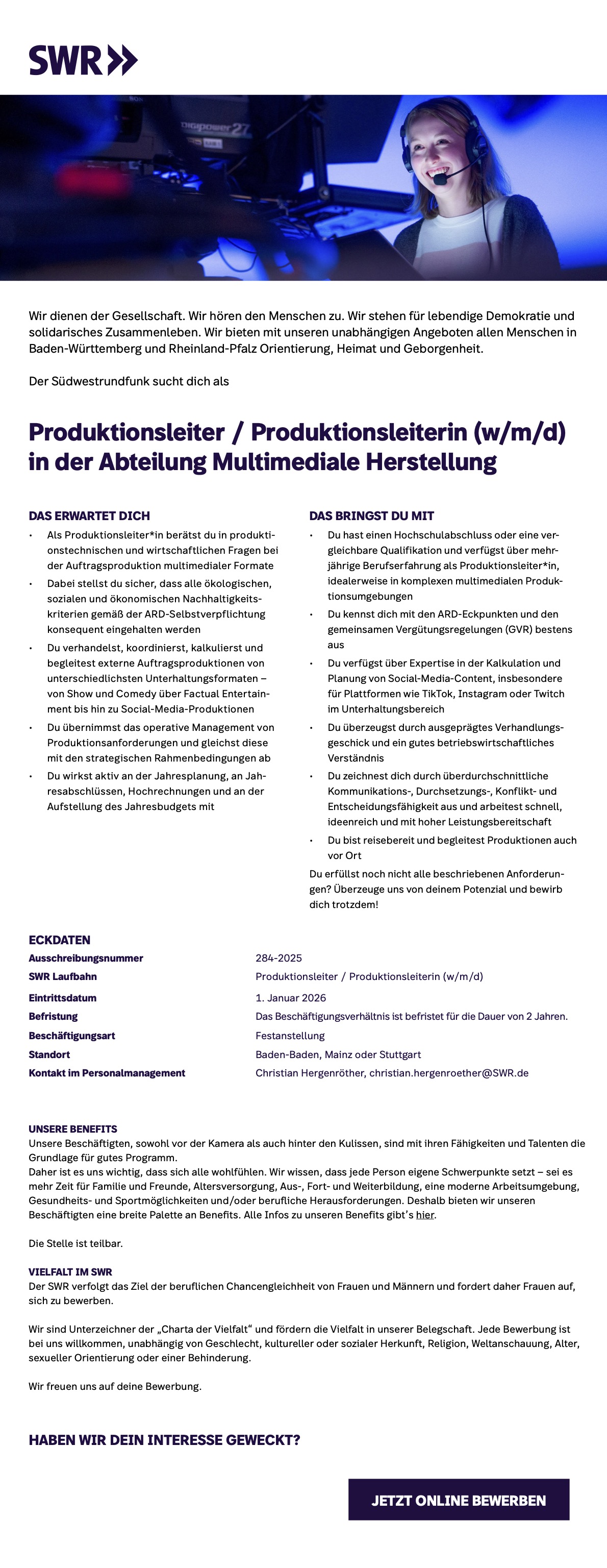 Produktionsleiter / Produktionsleiterin (w/m/d) Abteilung Multimediale Herstellung