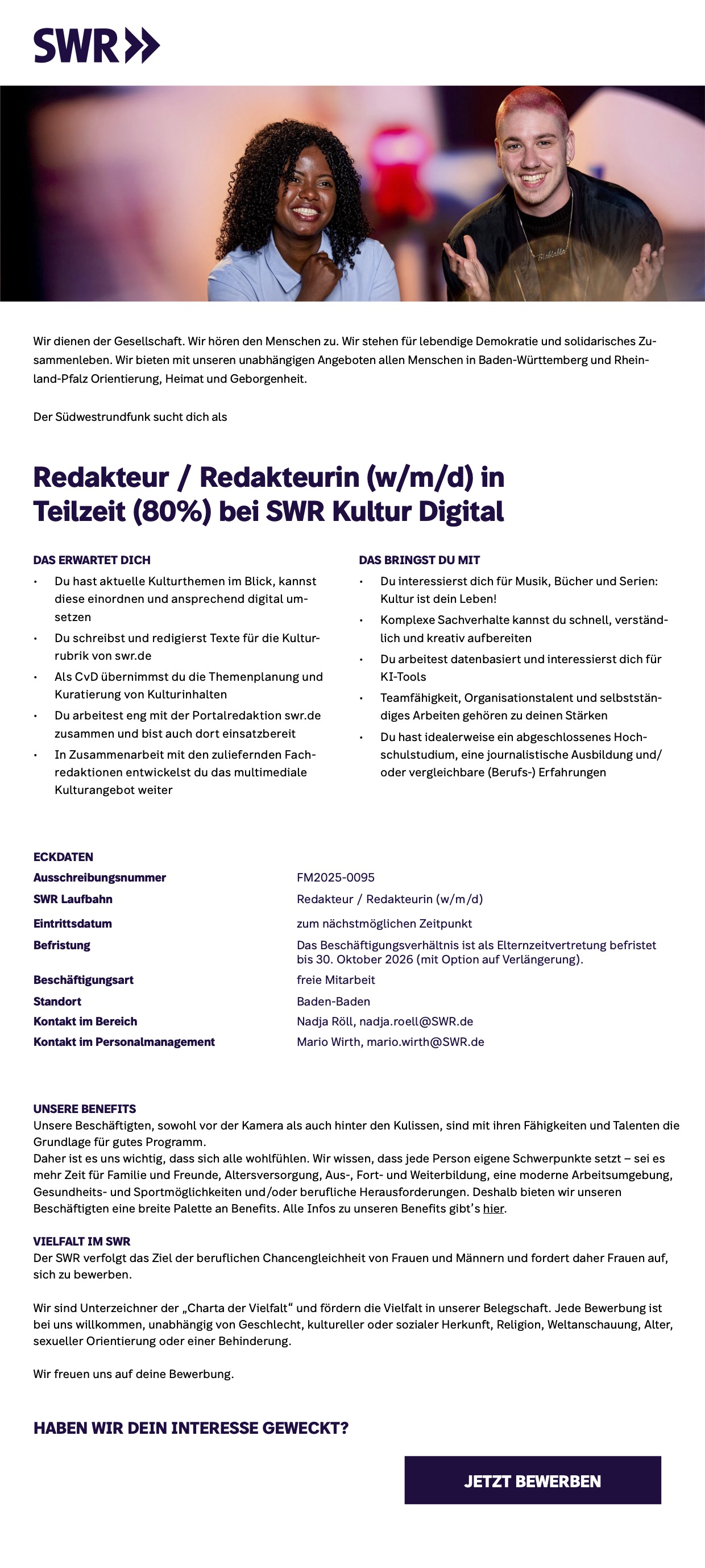 Redakteur / Redakteurin (w/m/d) in Teilzeit (80%) bei SWR Kultur Digital