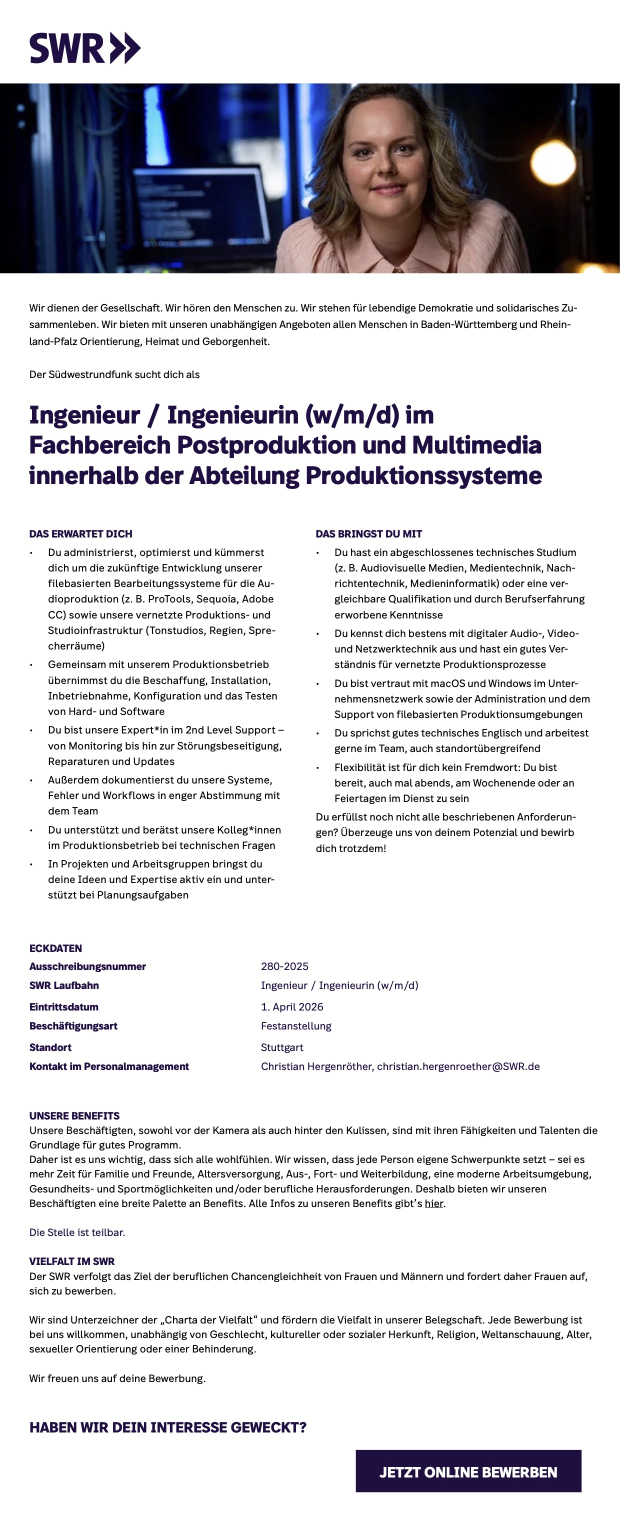 Ingenieur / Ingenieurin (w/m/d) im Fachbereich Postproduktion und Multimedia