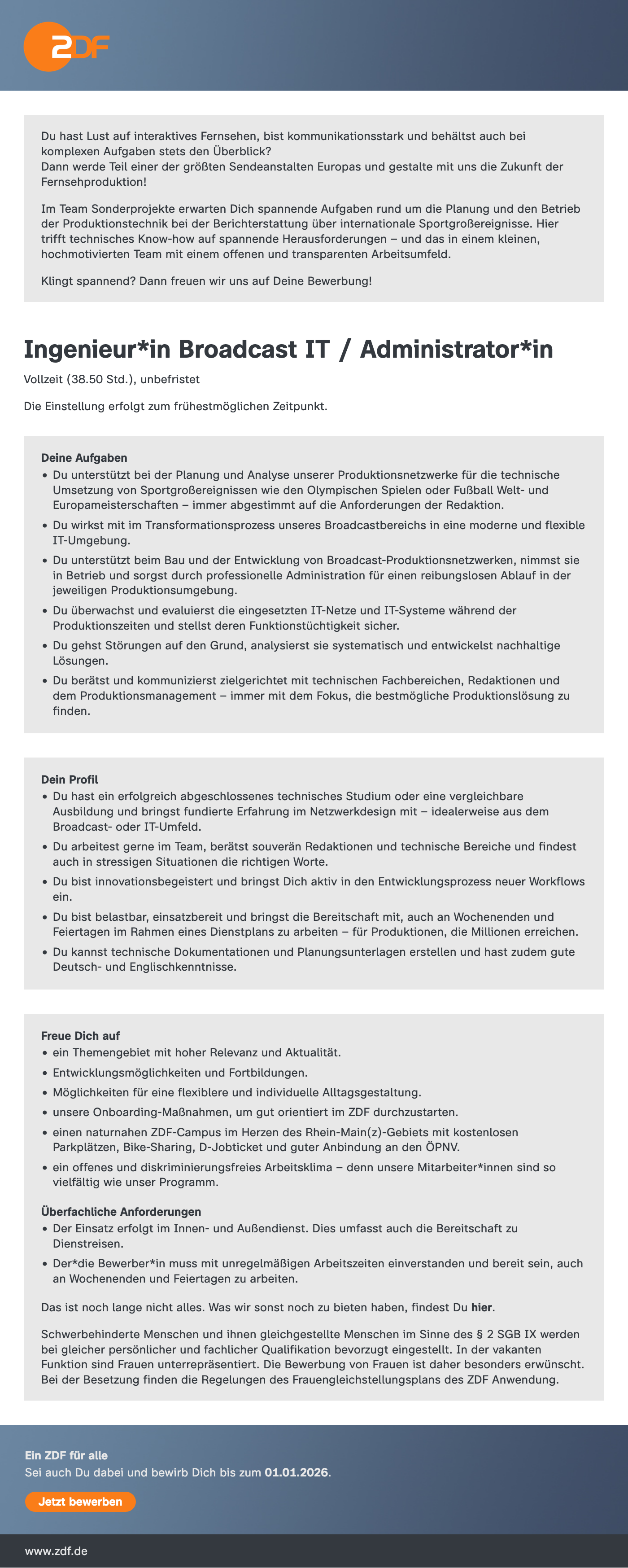 Ingenieur*in Broadcast IT / Administrator*in