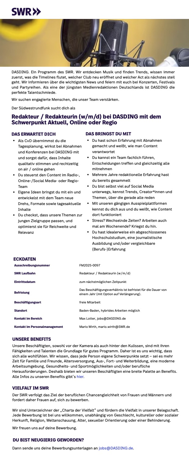 Redakteur / Redakteurin (w/m/d) bei DASDING, Schwerp. Aktuell, Online oder Regio