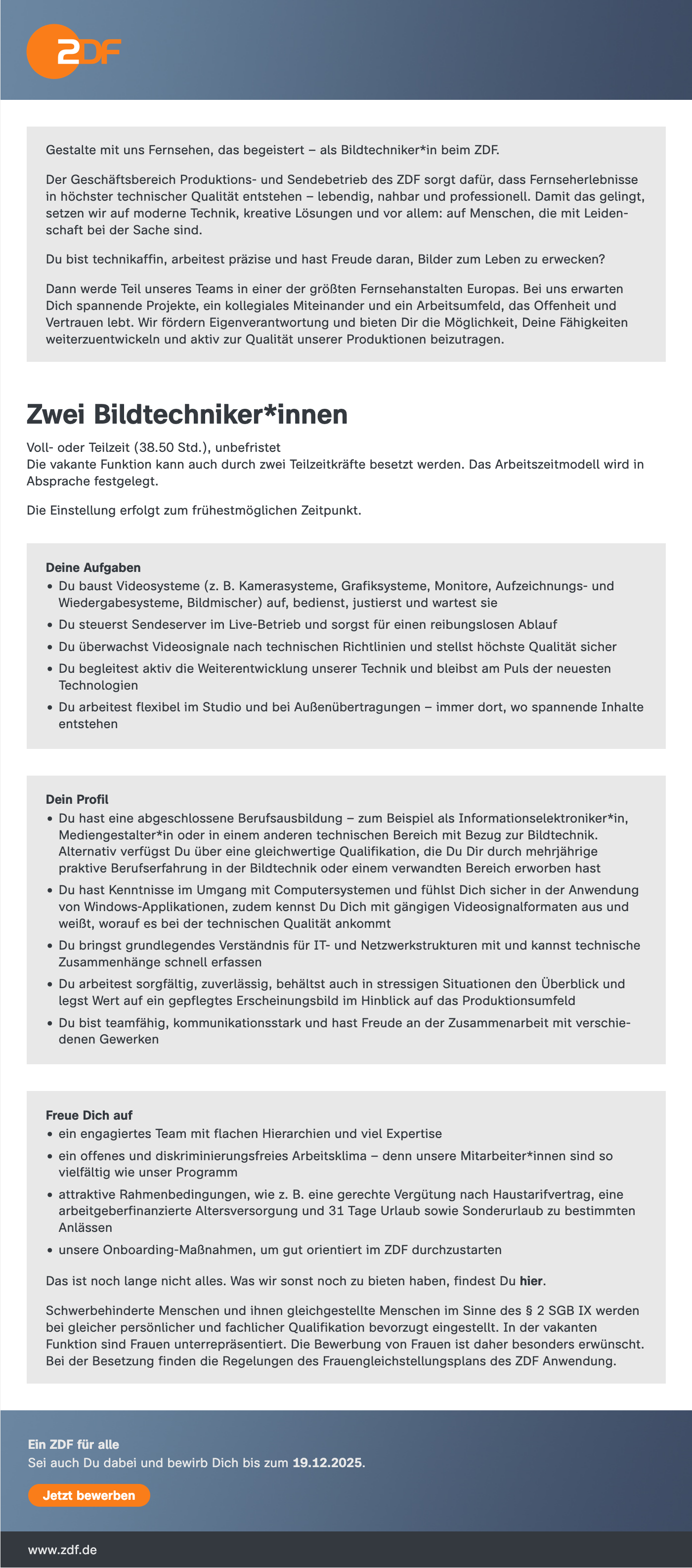 Bildtechniker*in Geschäftsbereich Produktions- und Sendebetrieb