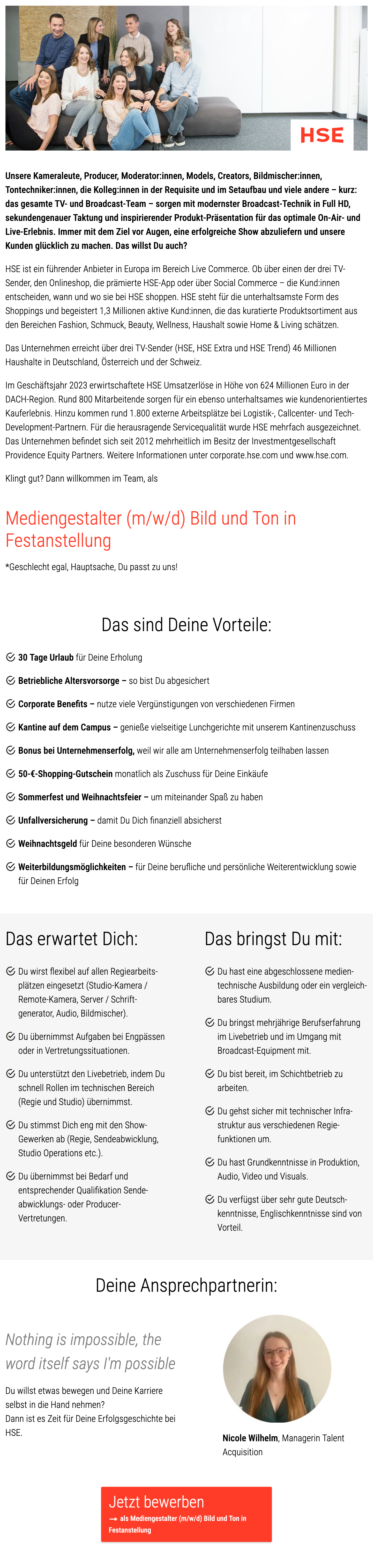 Mediengestalter (m/w/d) Bild und Ton in Festanstellung