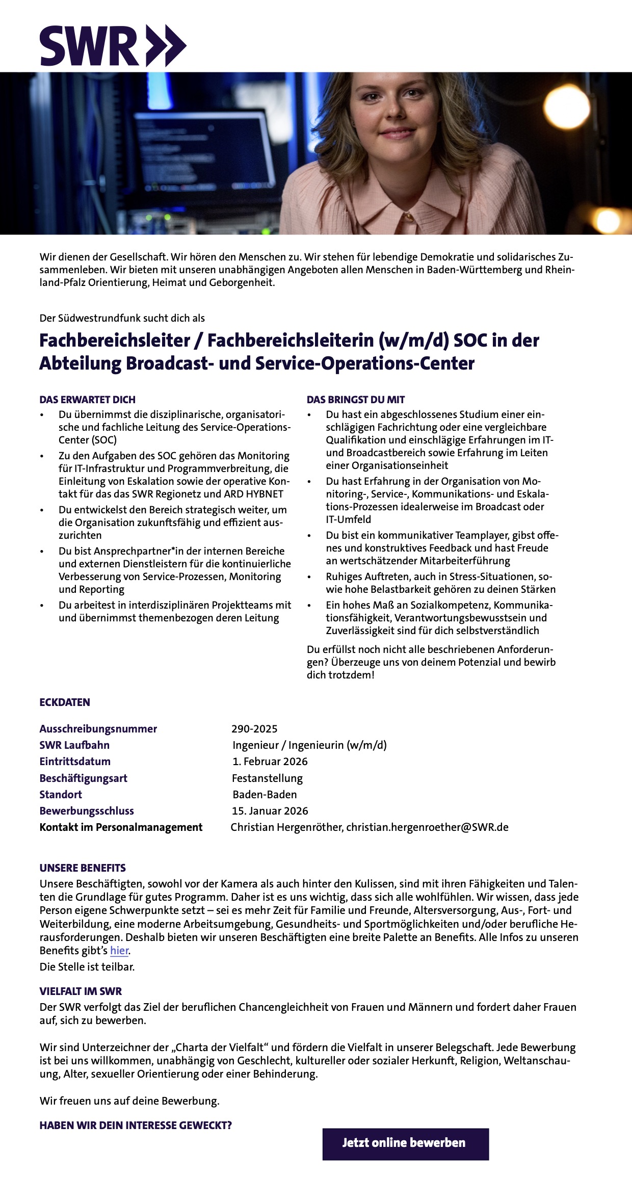 Fachbereichsleiter / Fachbereichsleiterin (w/m/d) Abt. Broadcast- u. Service-Operations-Center 