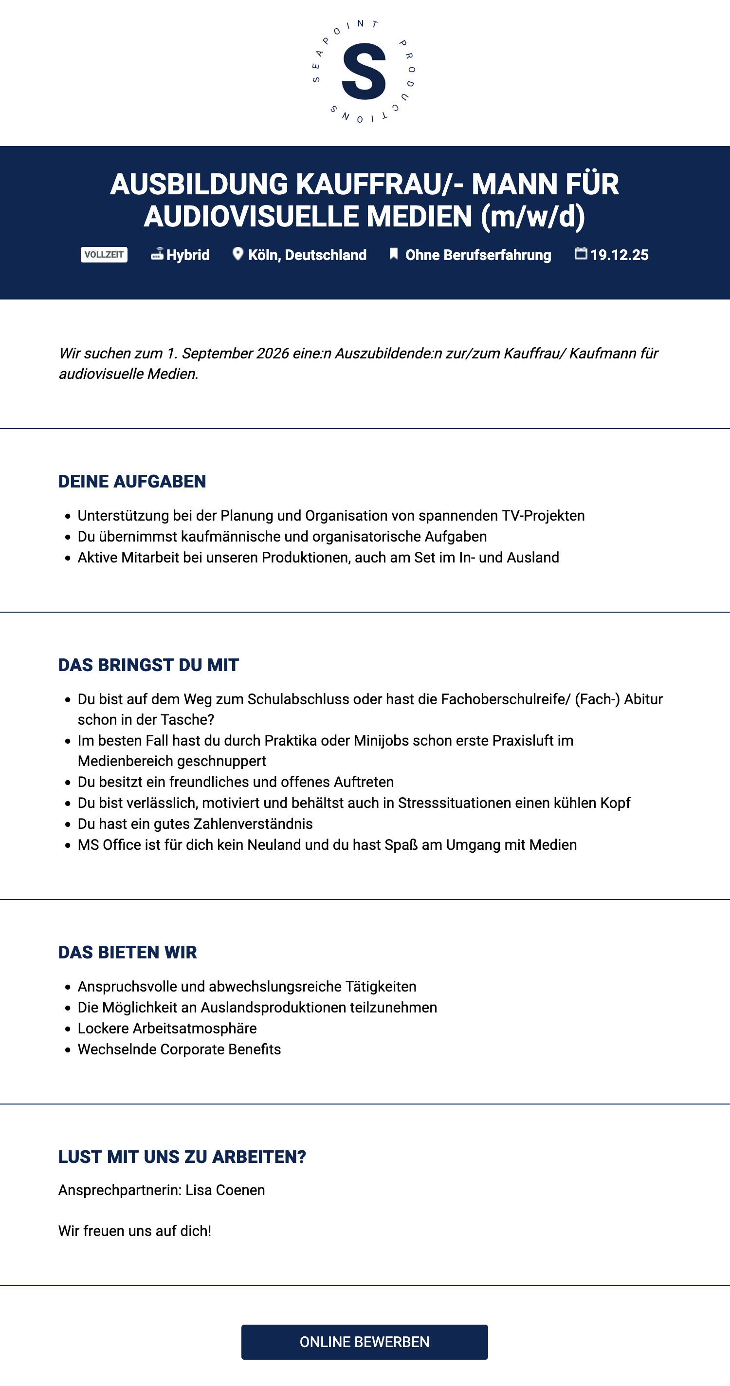 Ausbildung Kauffrau/-mann für audiovisuelle Medien (m/w/d)