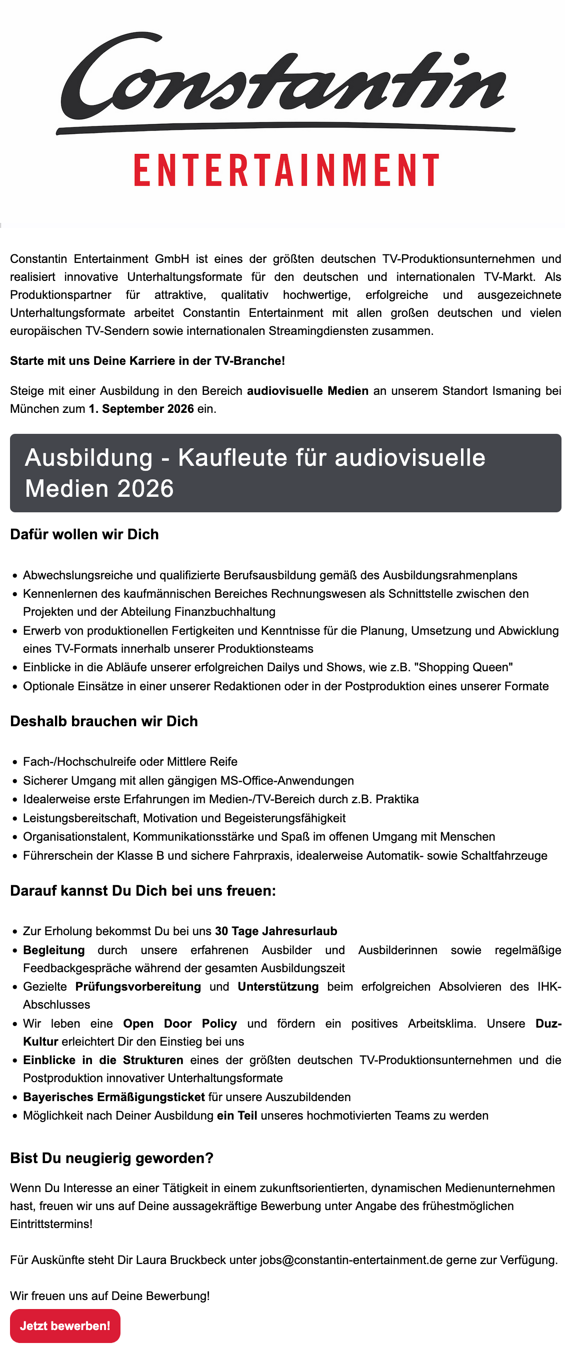 Ausbildung - Kaufleute für audiovisuelle Medien 2026
