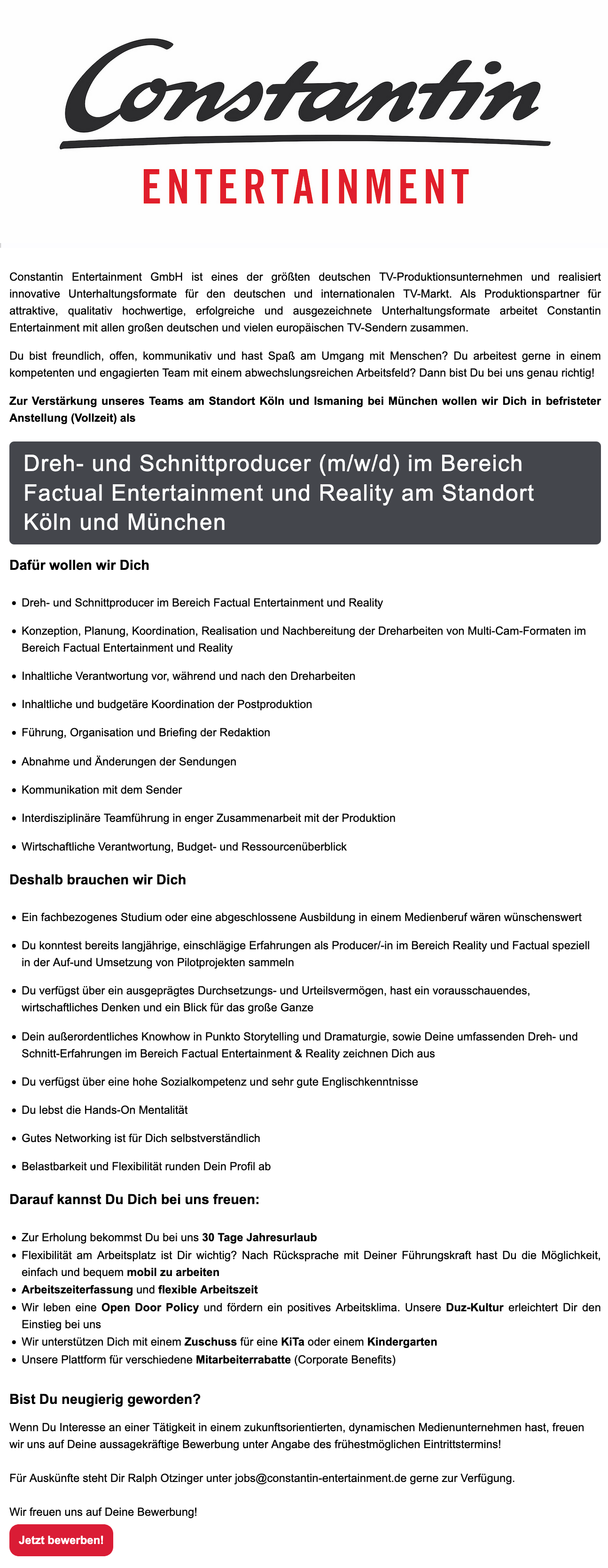 Dreh- und Schnittproducer (m/w/d) im Bereich Factual Entertainment und Reality