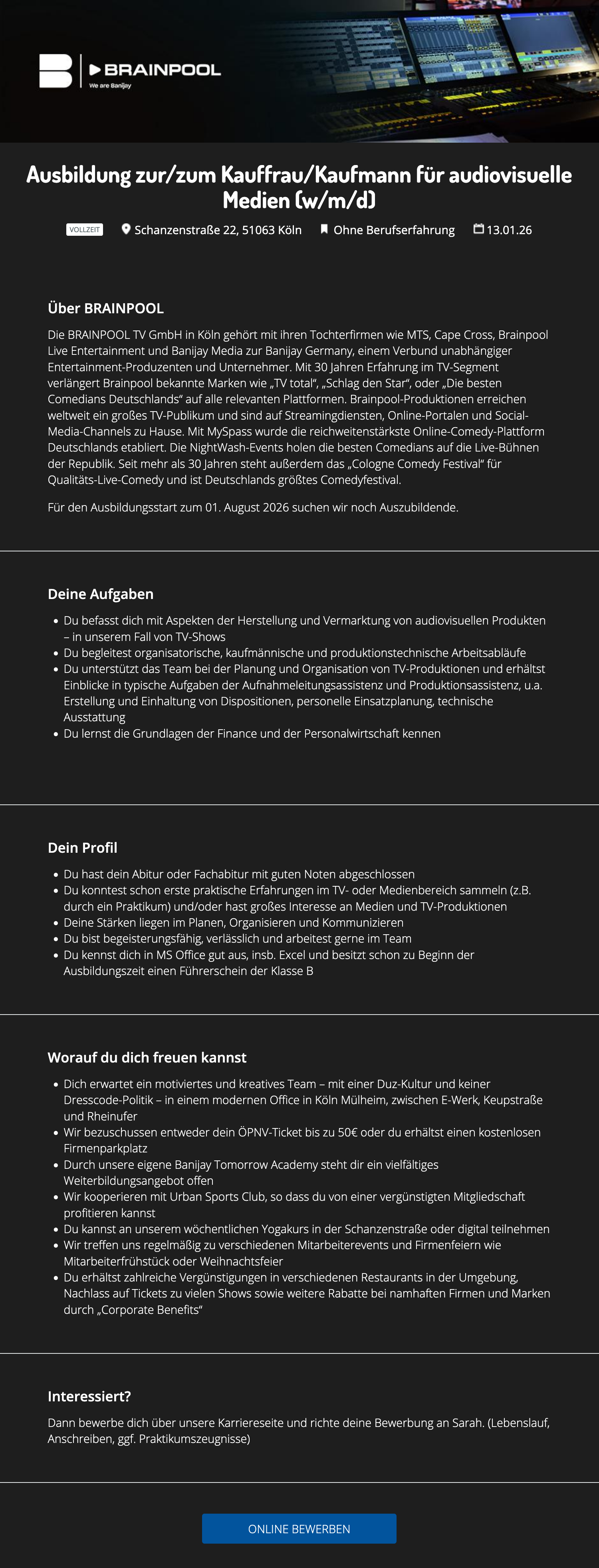 Ausbildung zur/zum Kauffrau / Kaufmann für audiovisuelle Medien (w/m/d)