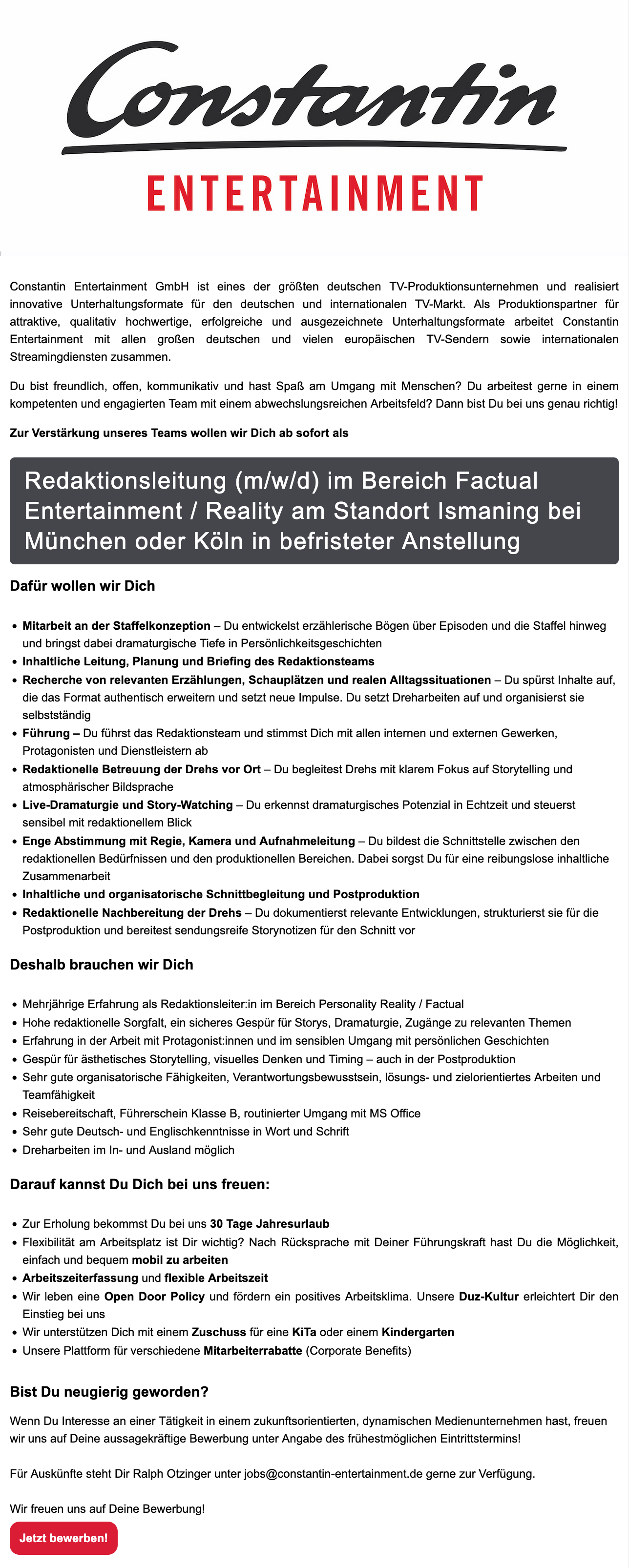 Redaktionsleitung (m/w/d) im Bereich Factual Entertainment / Reality