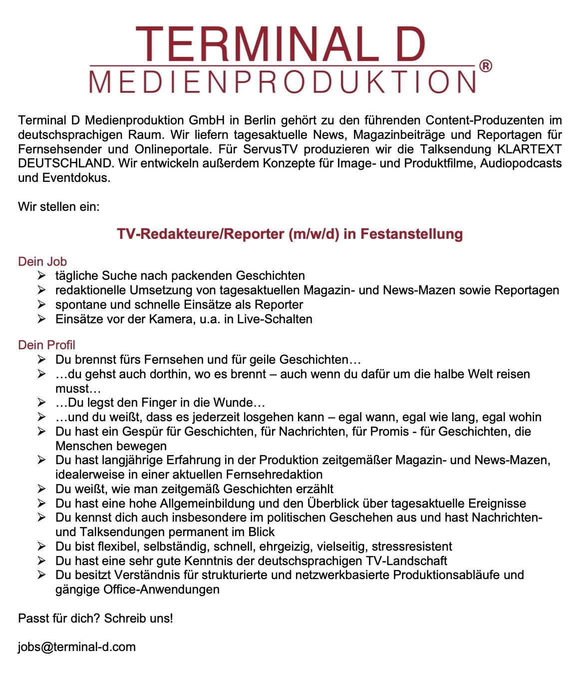 TV-Redakteure / Reporter (m/w/d) in Festanstellung