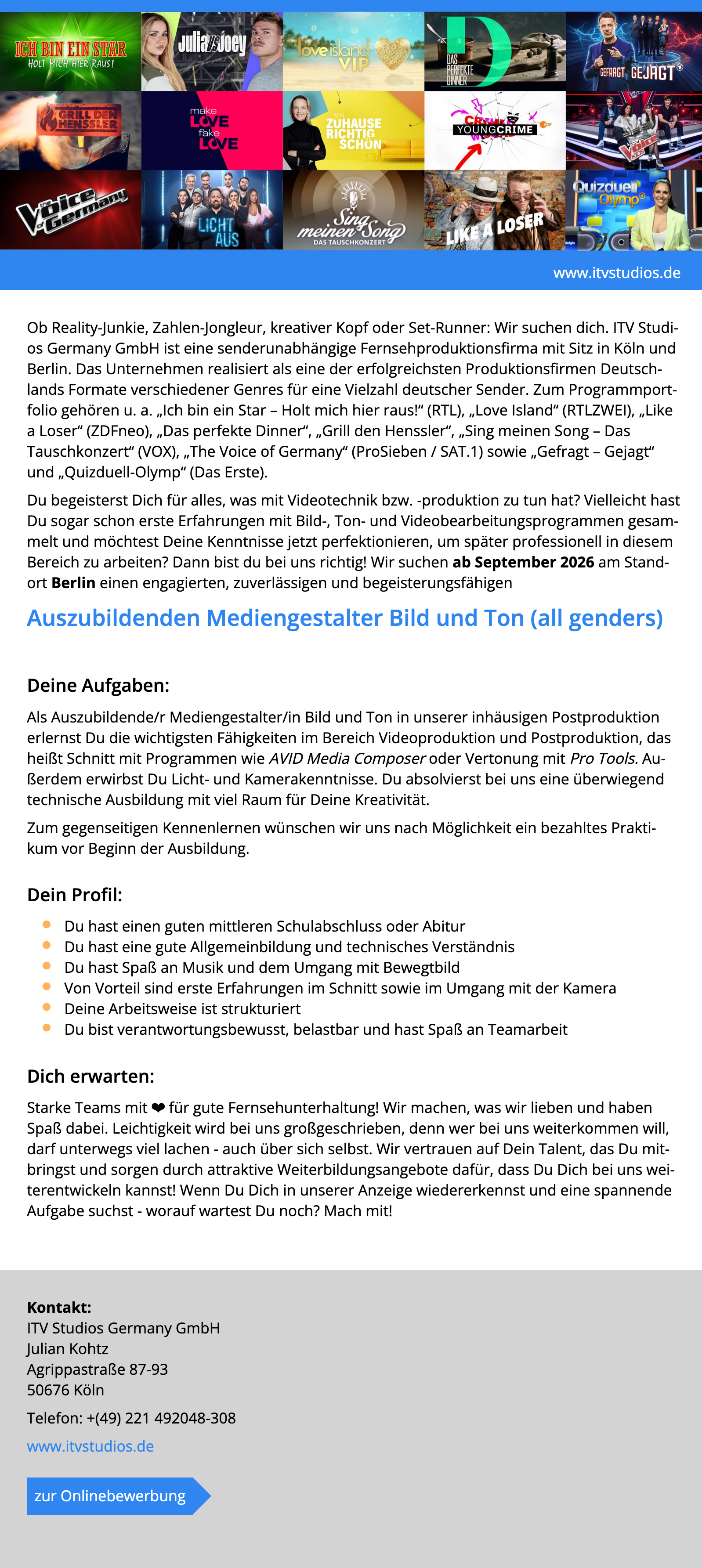 Auszubildenden Mediengestalter Bild und Ton (all genders) 