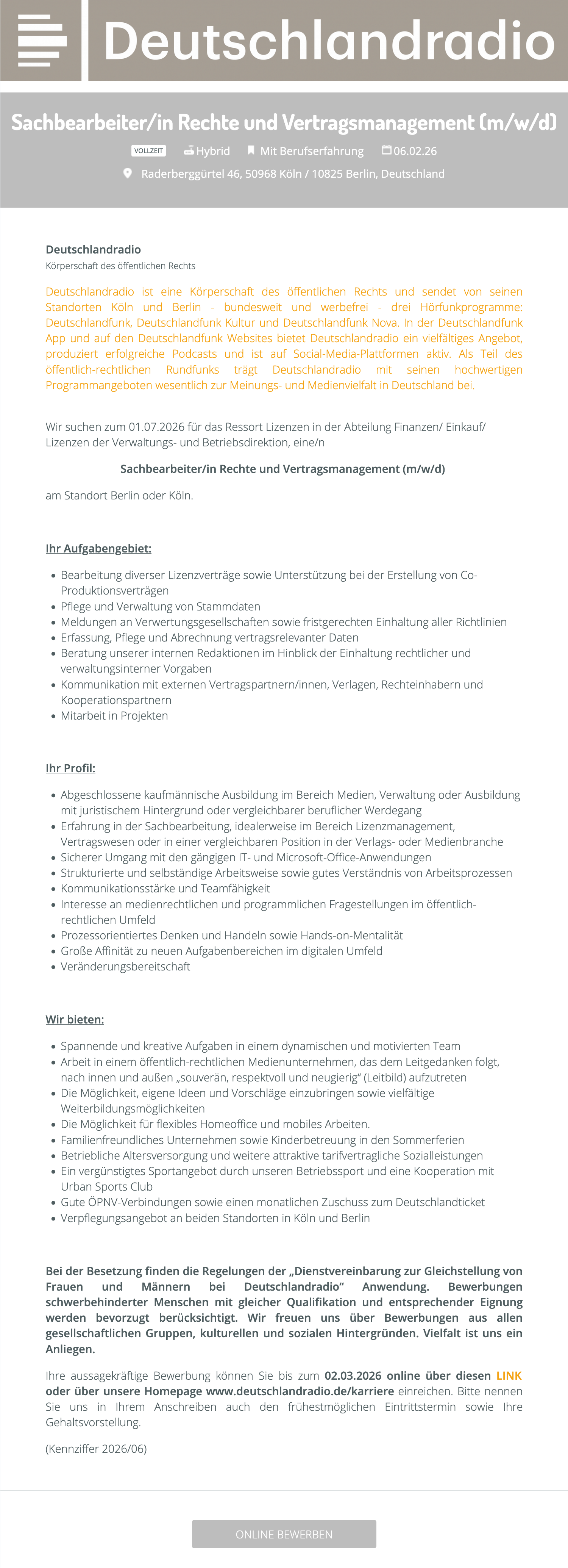 Sachbearbeiter/in Rechte und Vertragsmanagement (m/w/d)