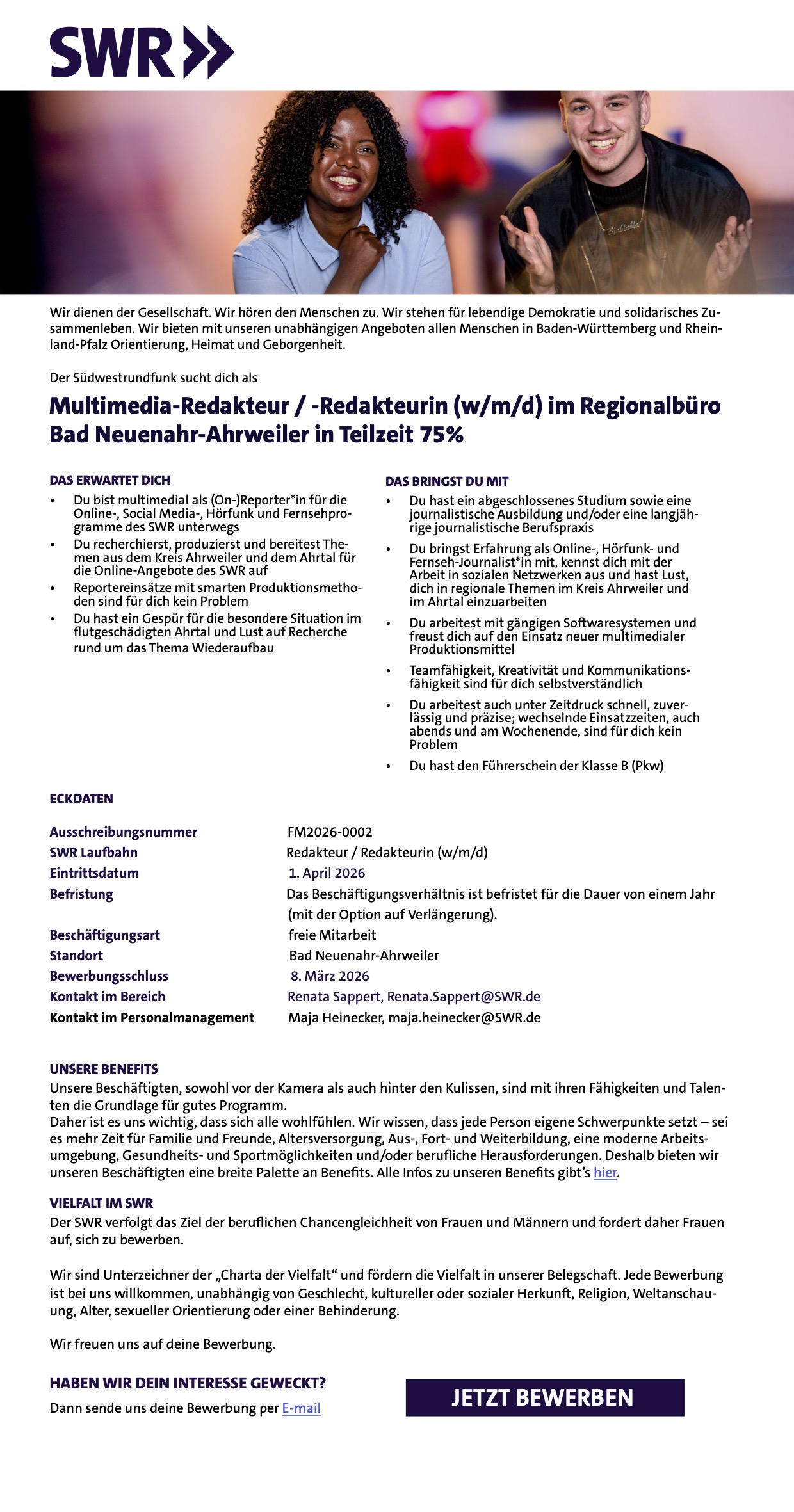 Multimedia-Redakteur / -Redakteurin (w/m/d) im Regionalbüro Bad Neuenahr-Ahrweiler in Teilzeit 75%