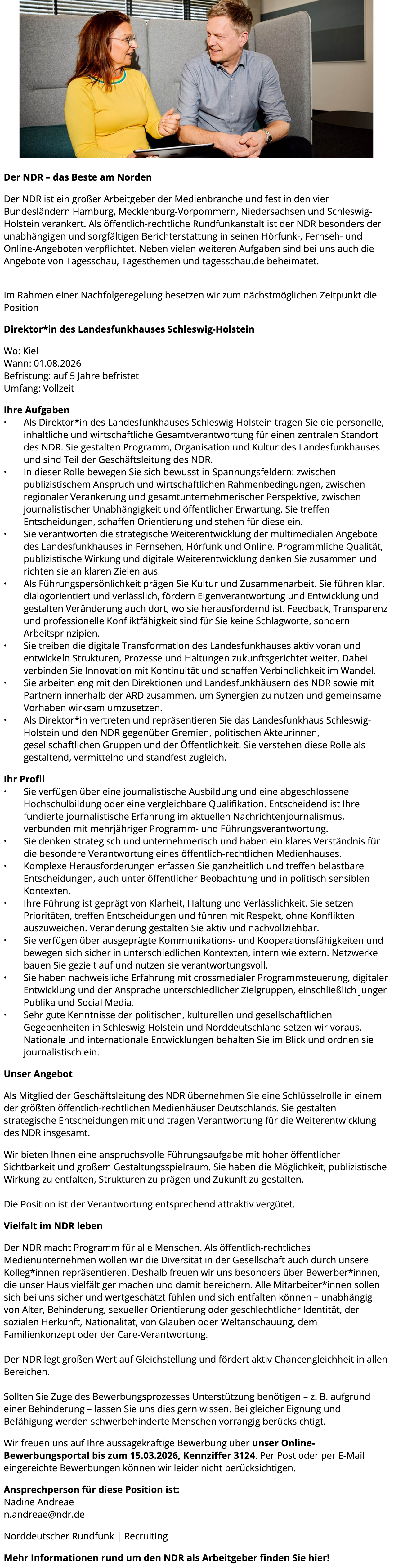 Direktor*in des Landesfunkhauses Schleswig-Holstein