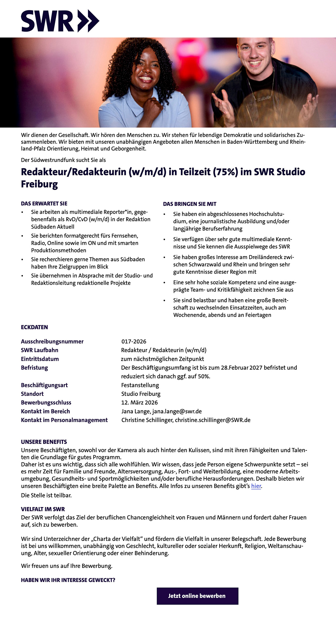 Redakteur/Redakteurin (w/m/d) in Teilzeit (75%) im SWR Studio Freiburg