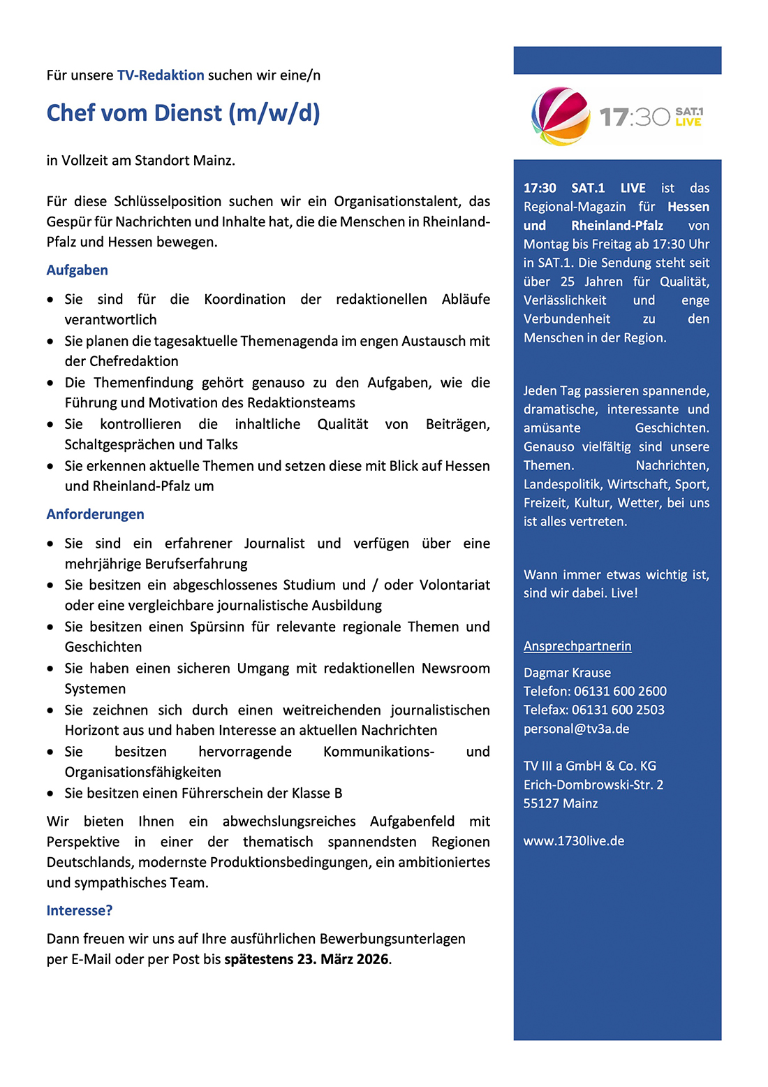 Chef vom Dienst (m/w/d) in Vollzeit 