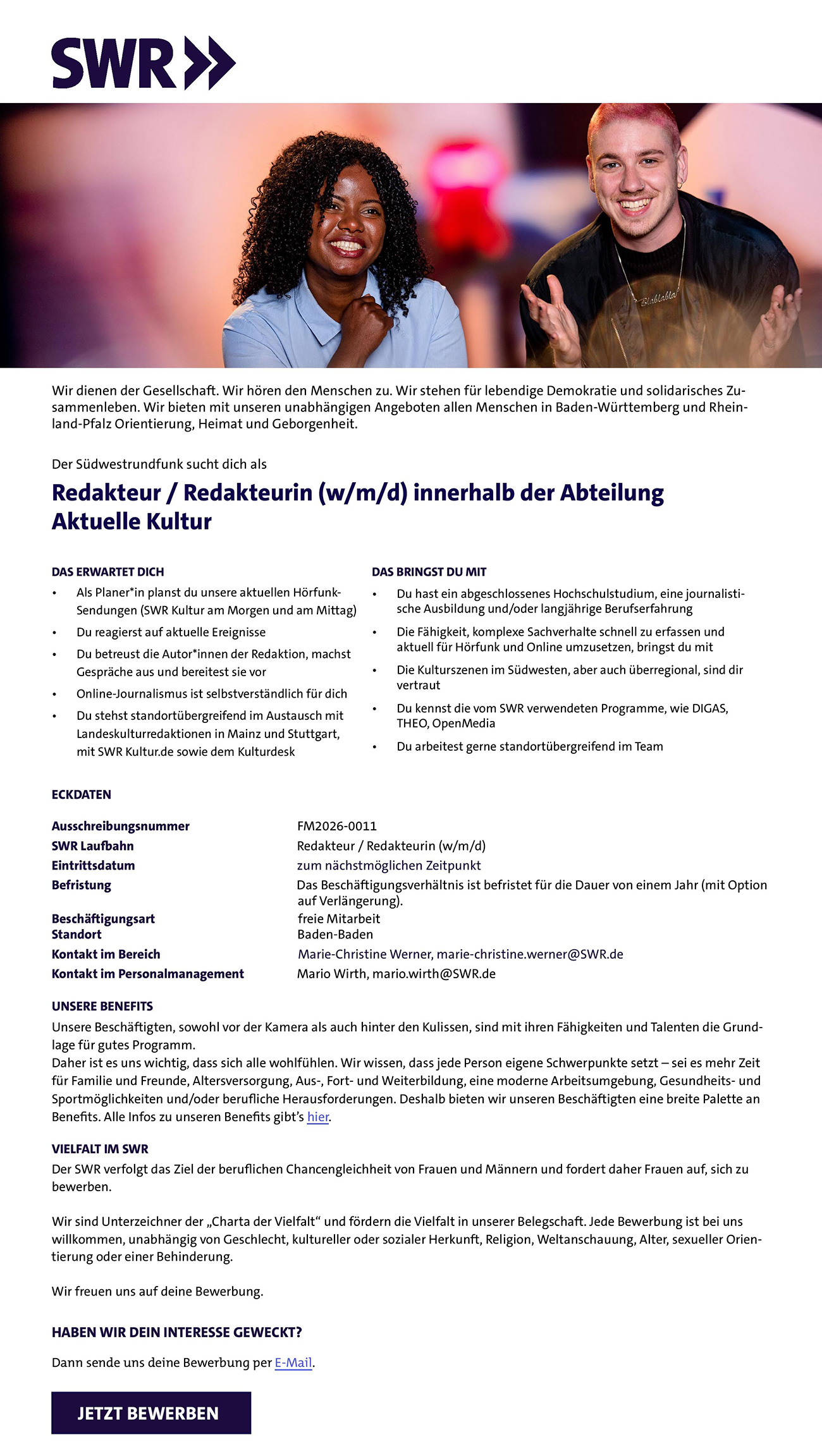 Redakteur / Redakteurin (w/m/d) innerhalb der Abteilung Aktuelle Kultur