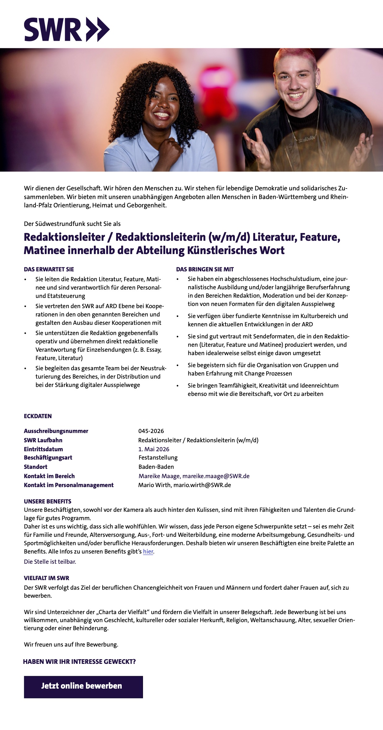 Redaktionsleiter / Redaktionsleiterin (w/m/d) Literatur, Feature, Matinee - Abteilung Künstl. Wort