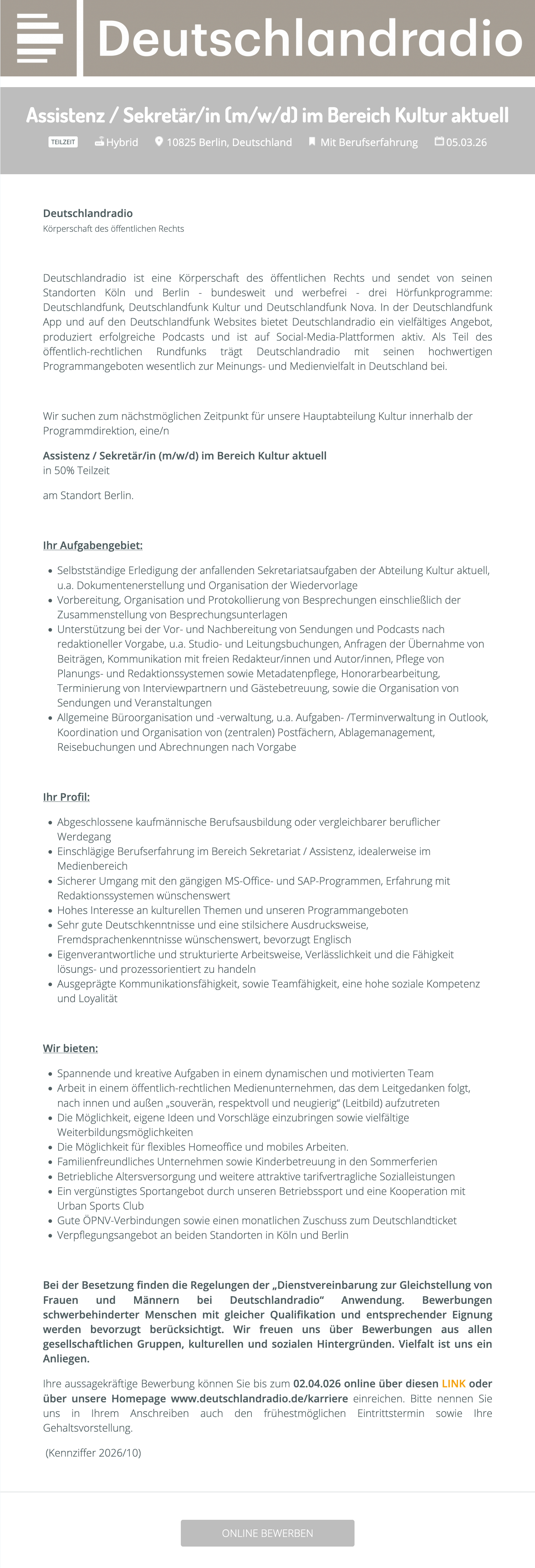 Assistenz / Sekretär/in (m/w/d) im Bereich Kultur aktuell 