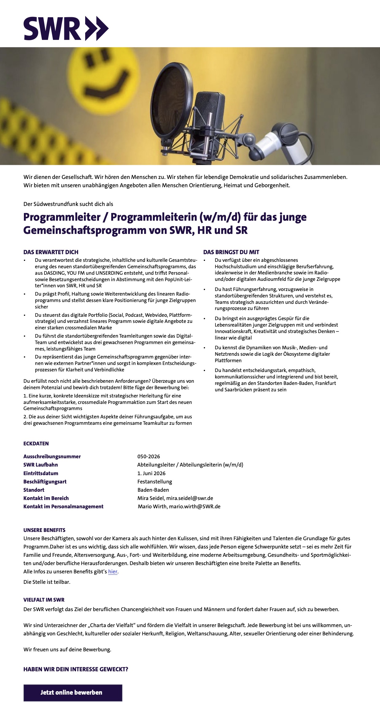 Programmleiter / Programmleiterin (w/m/d) für das junge Gemeinschaftspr. von SWR, HR u. SR