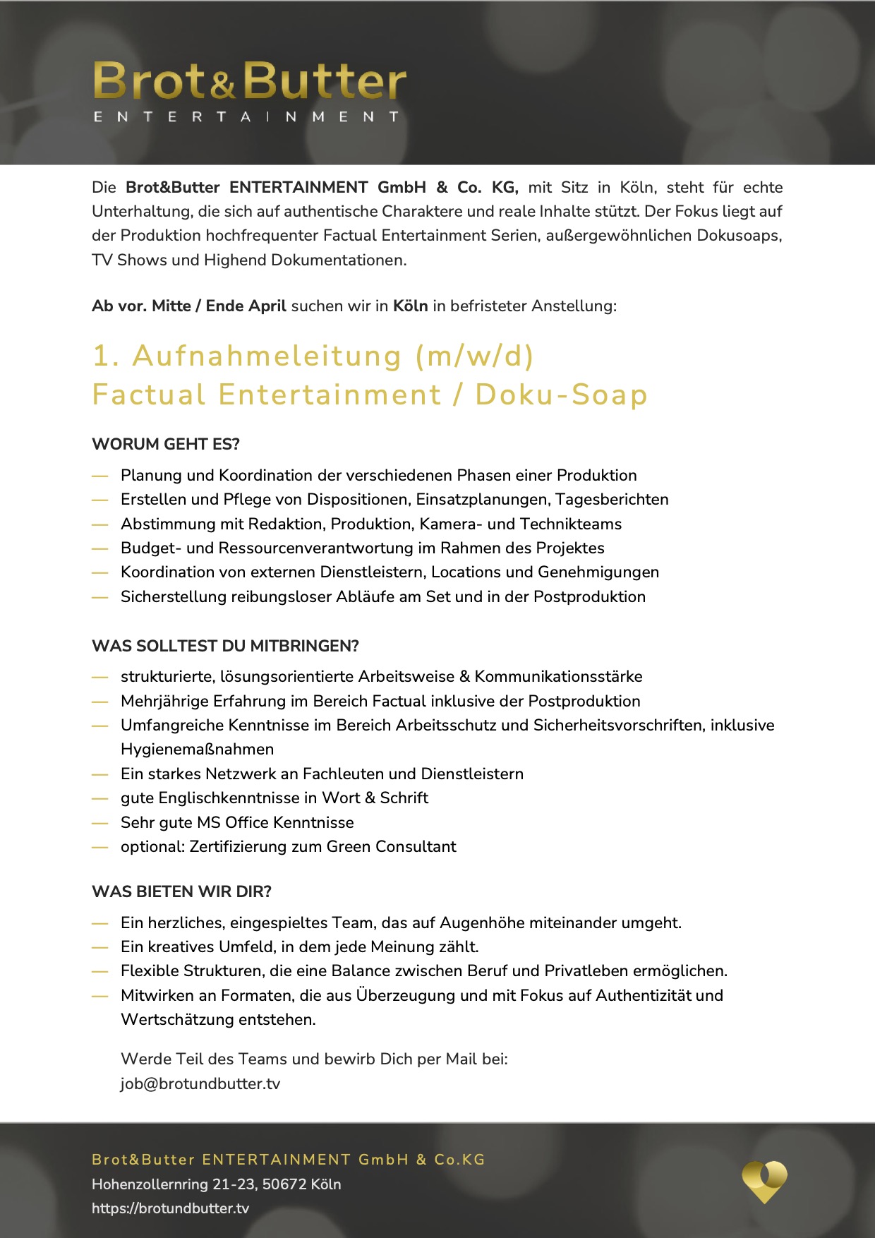 1. Aufnahmeleitung (m/w/d) Factual Entertainment / Doku-Soap