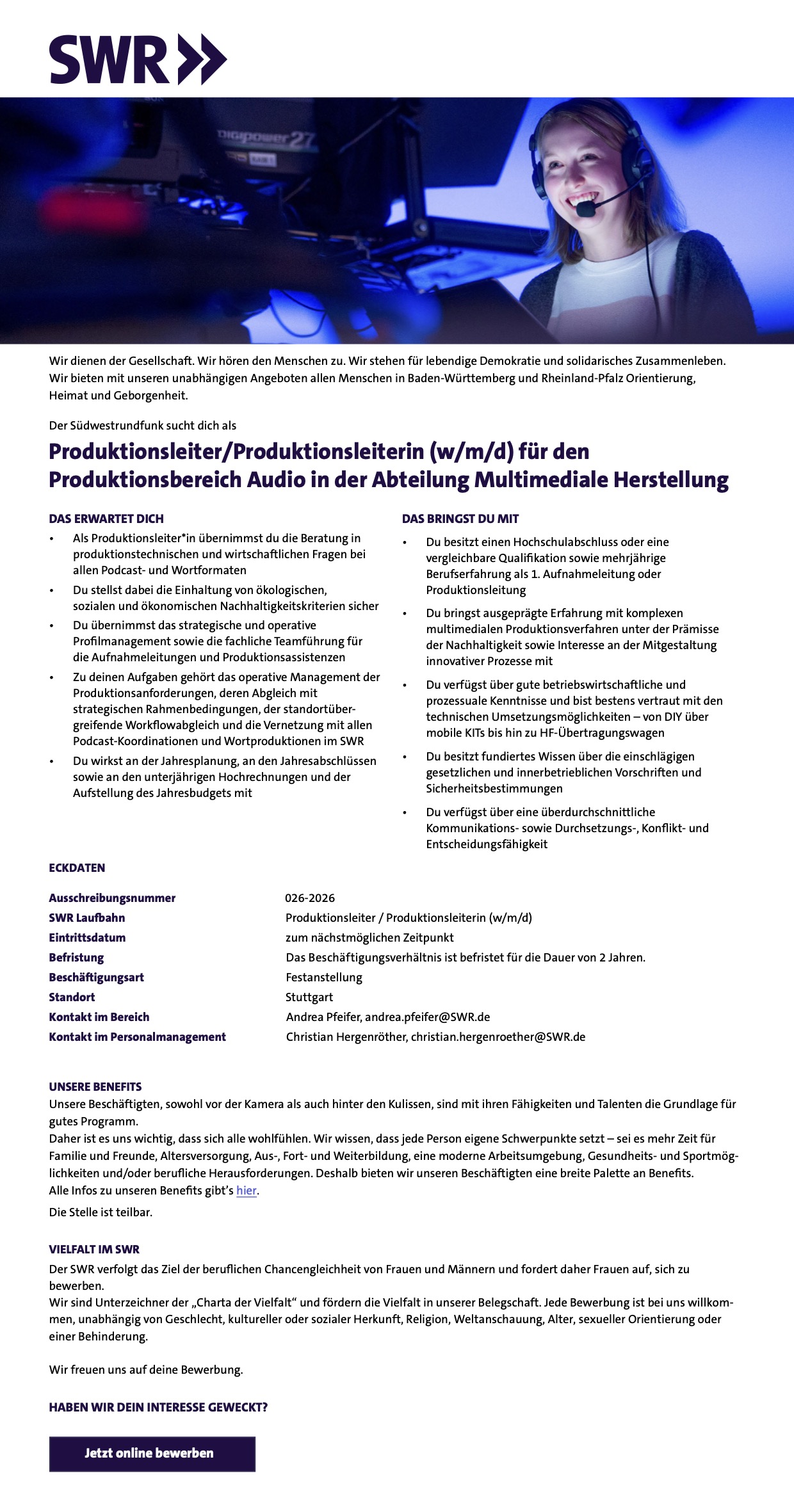 Produktionsleiter / Produktionsleiterin (w/m/d), Produktionsbereich Audio, Abt. Multimediale Herstellung