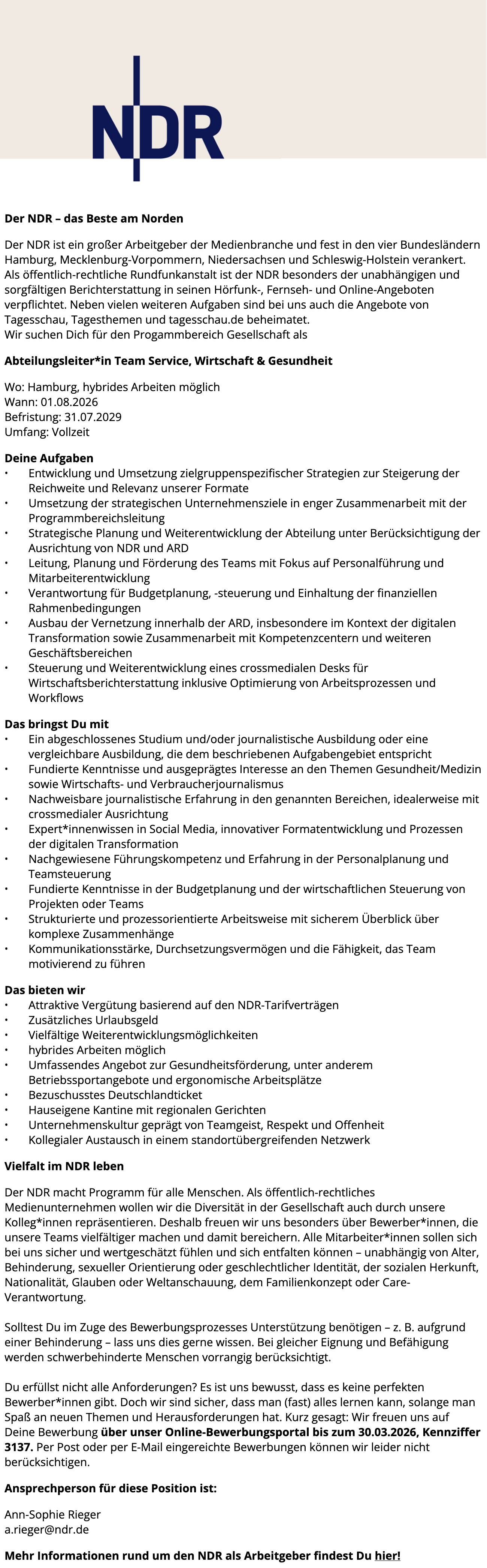 Abteilungsleiter*in Team Service, Wirtschaft & Gesundheit