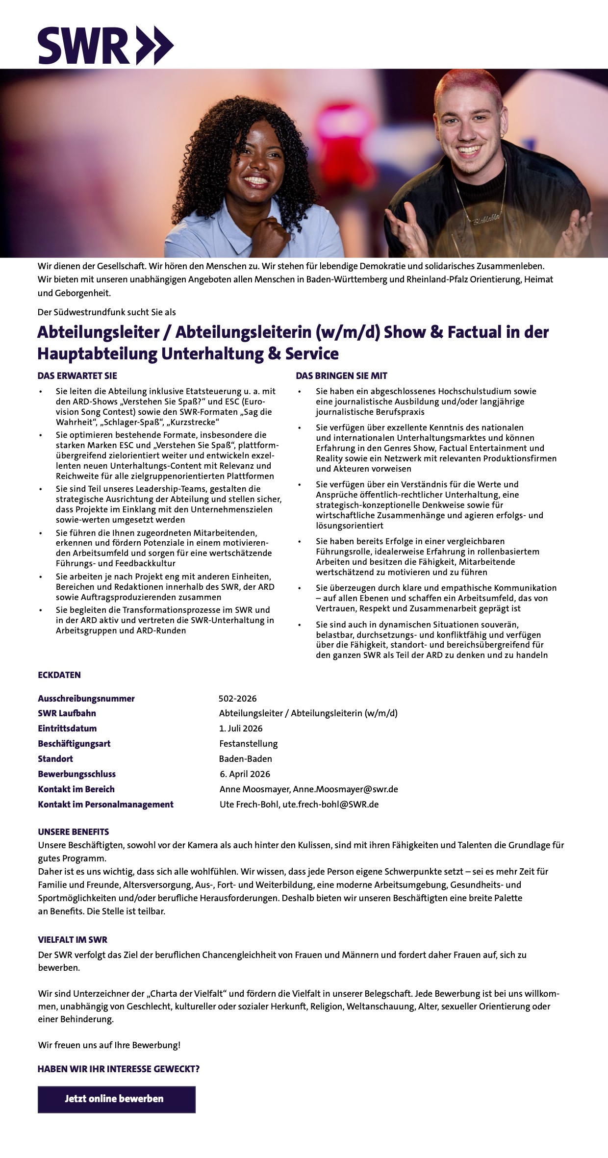 Abteilungsleiter / Abteilungsleiterin (w/m/d) Show & Factual, Hauptabt. Unterhaltung & Service