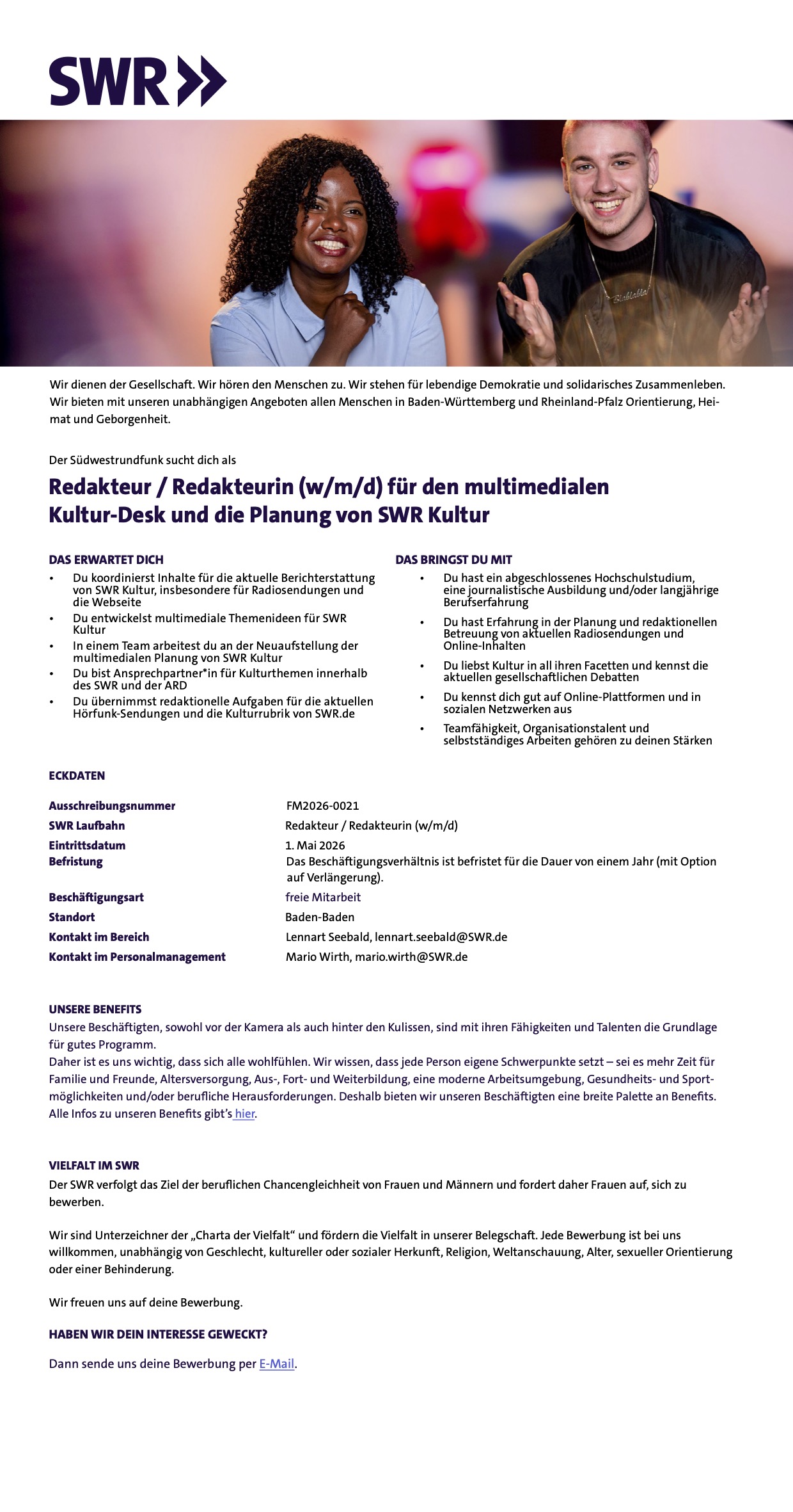 Redakteur / Redakteurin (w/m/d) für den multimedialen Kultur-Desk und die Planung von SWR Kultur