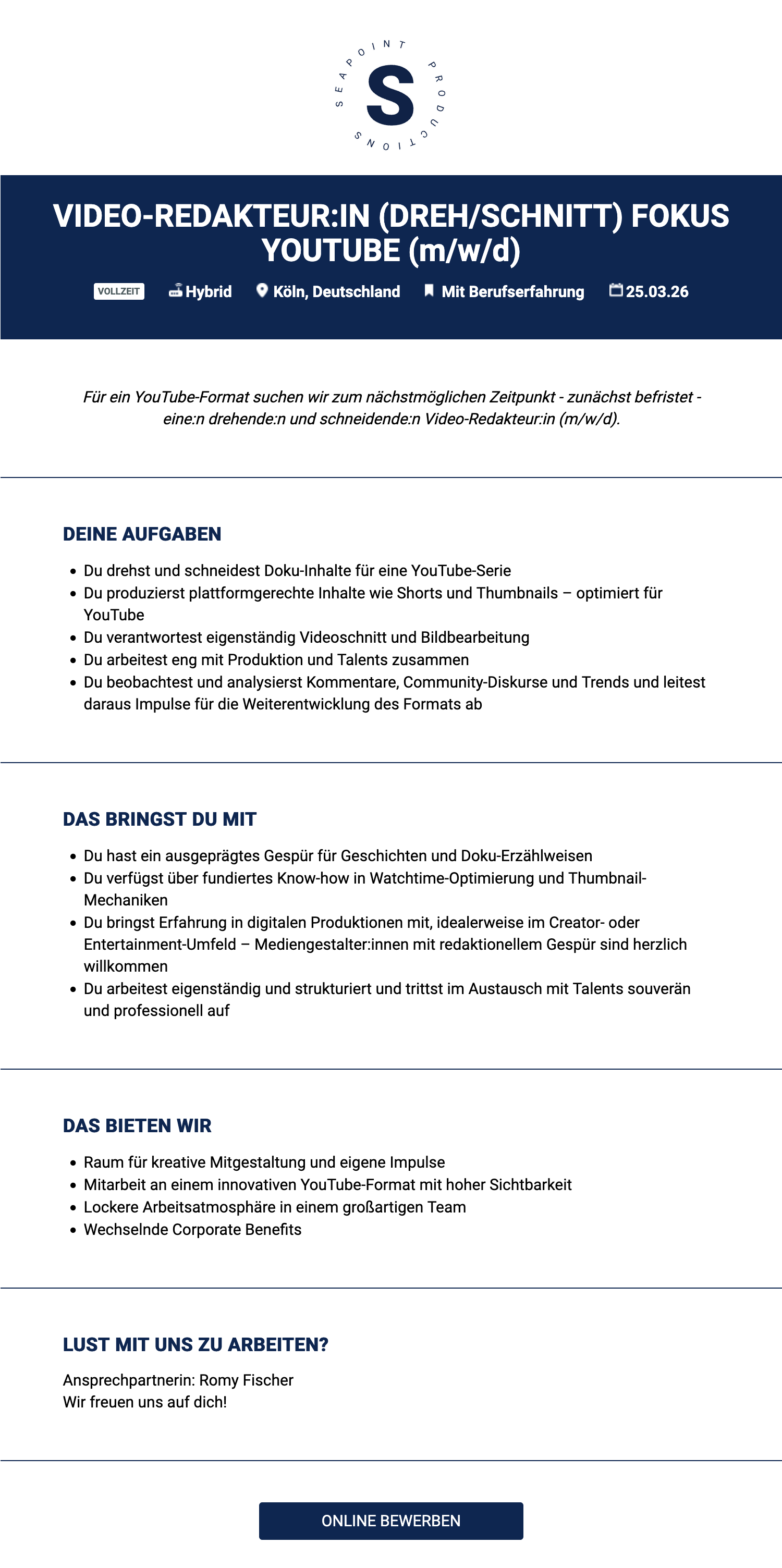Video-Redakteur:in (Dreh / Schnitt) Fokus YouTube (m/w/d)
