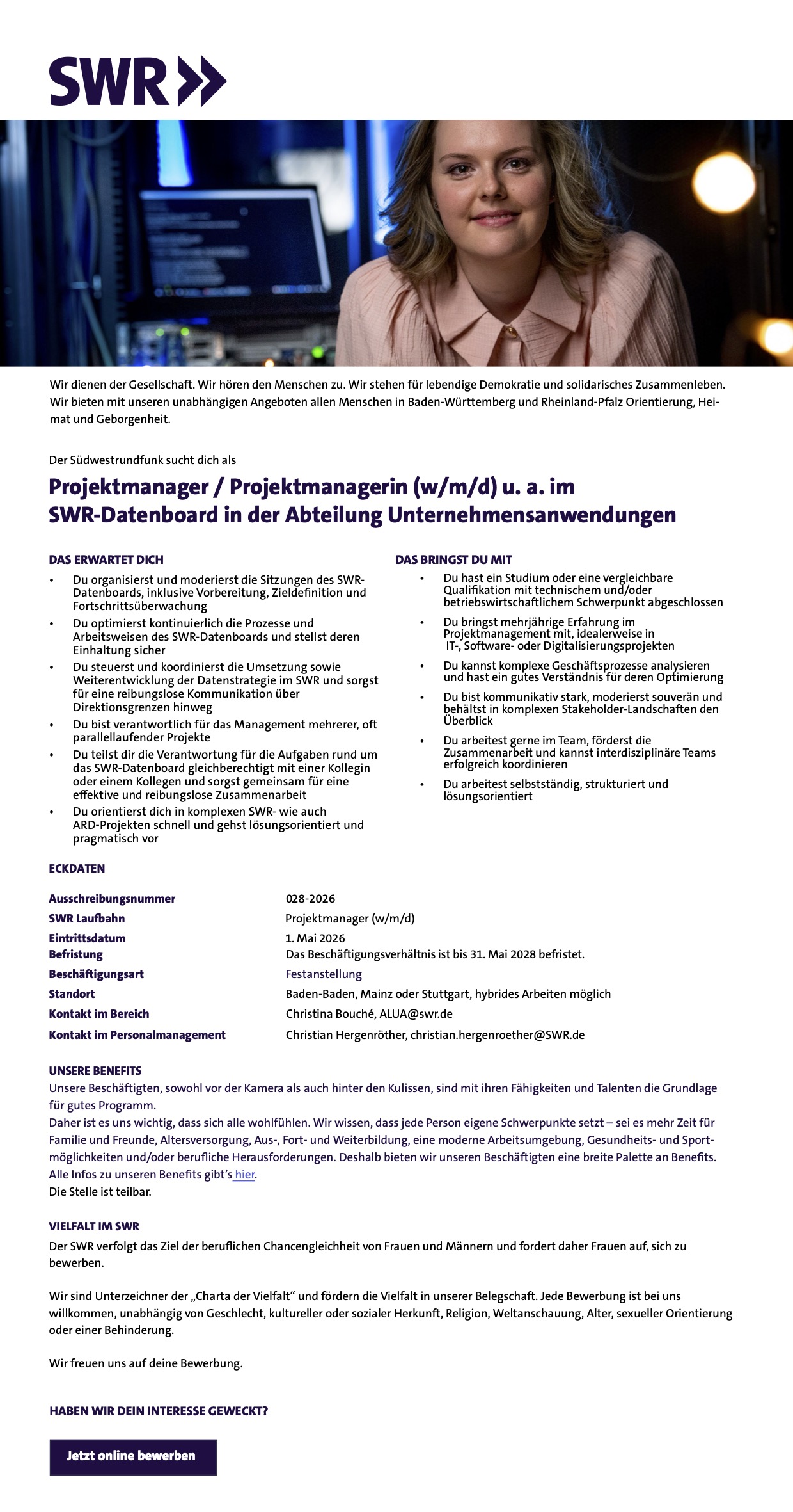Projektmanager / Projektmanagerin (w/m/d) u. a. im SWR-Datenboard, Abt. Unternehmensanwendungen