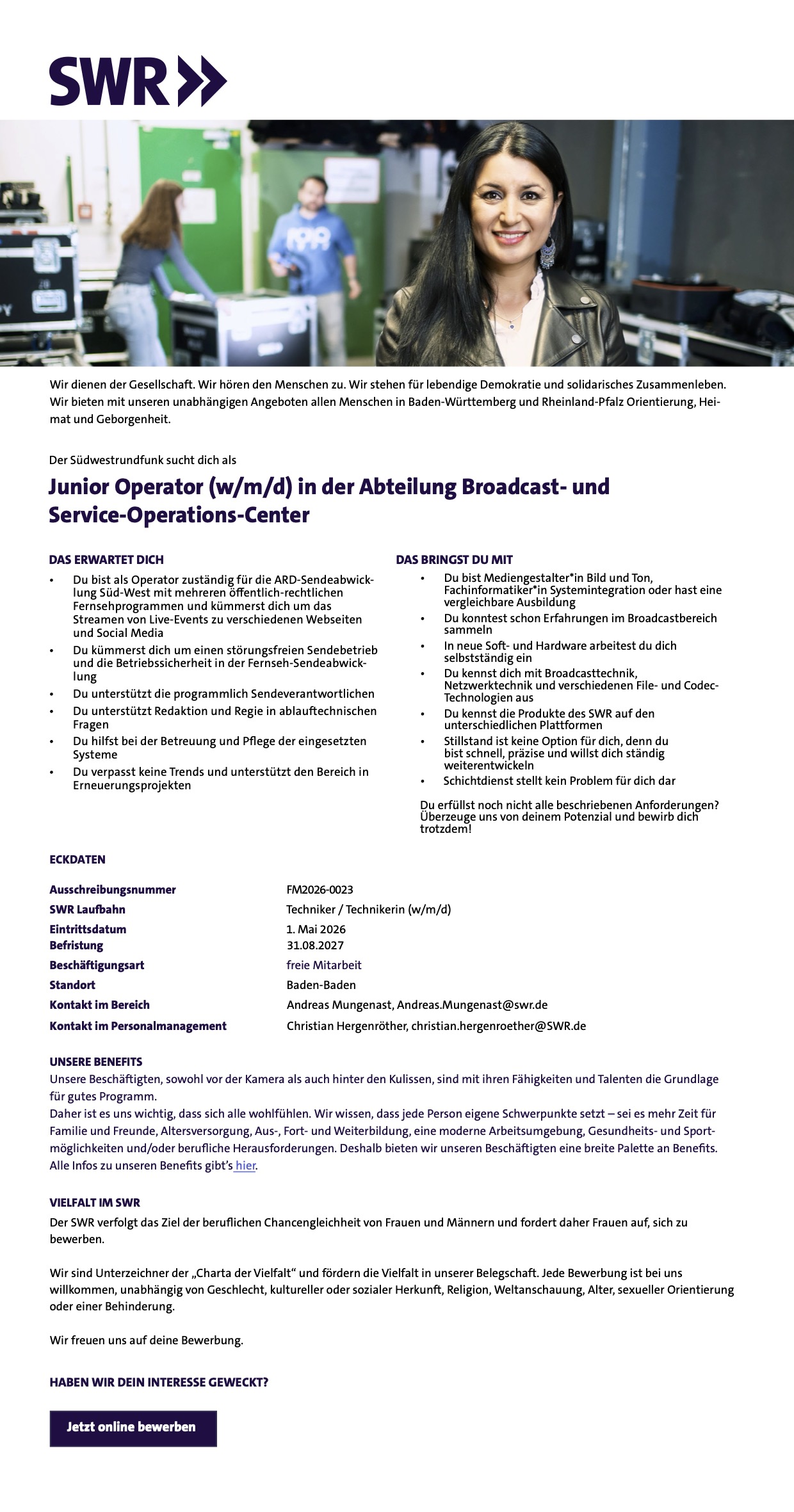 Junior Operator (w/m/d) in der Abteilung Broadcast- und Service-Operations-Center