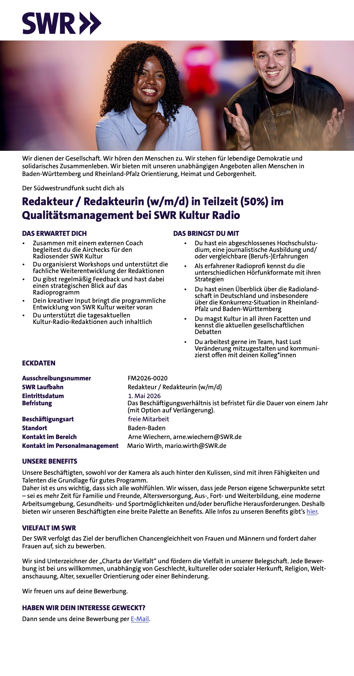 Redakteur / Redakteurin (w/m/d) in Teilzeit (50%) im Qualitätsmanagement bei SWR Kultur Radio