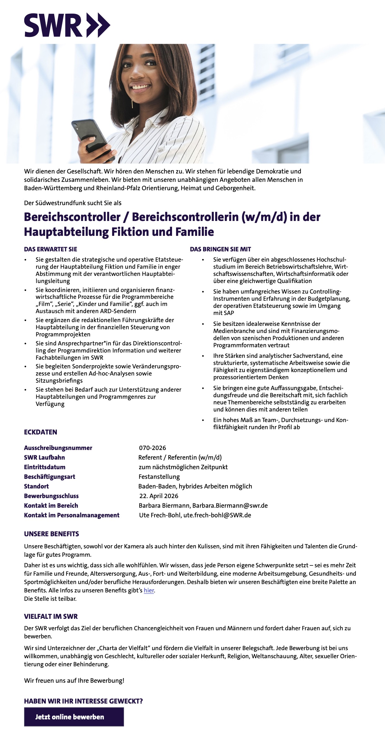 Bereichscontroller / Bereichscontrollerin (w/m/d) in der Hauptabteilung Fiktion und Familie