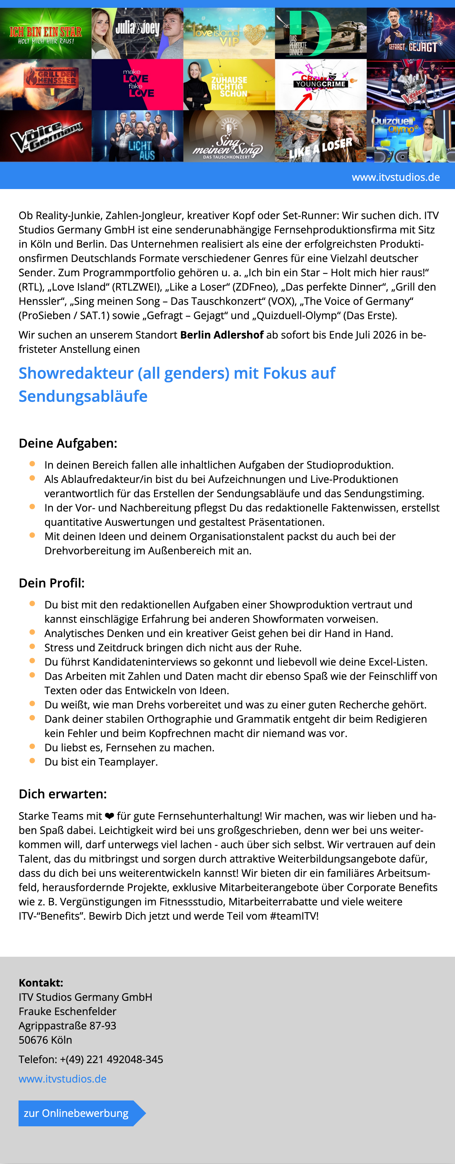 Showredakteur (all genders) mit Fokus auf Sendungsabläufe 