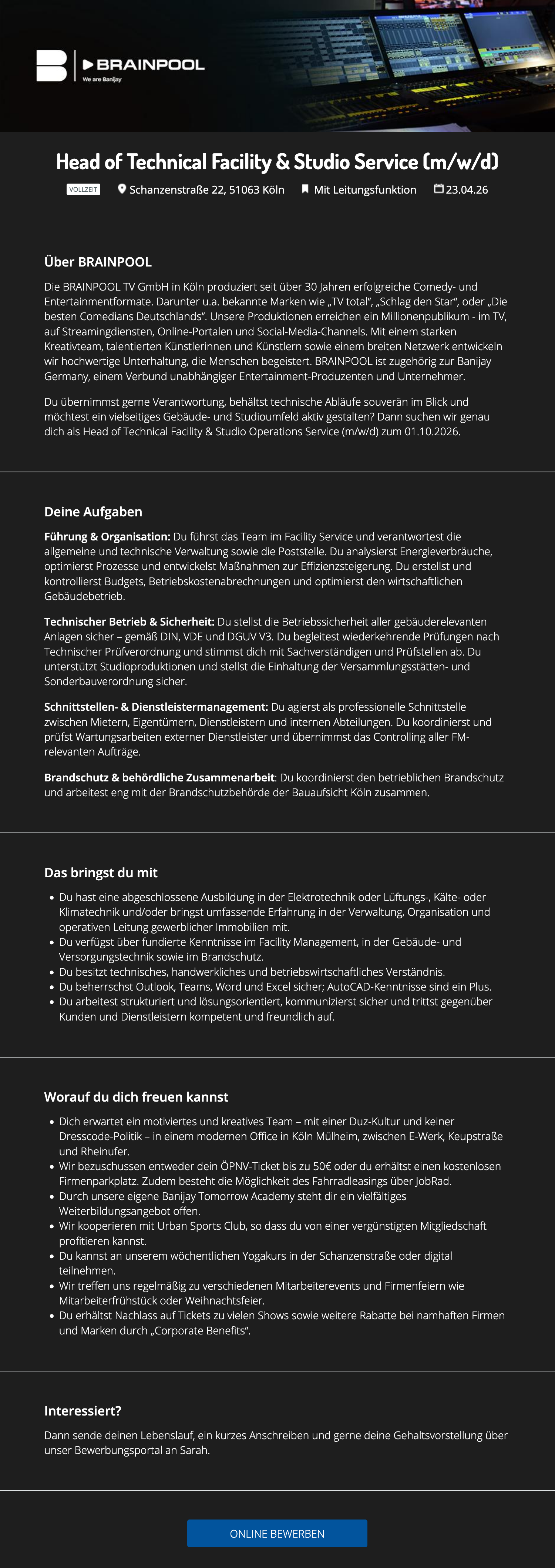 Head of Technical Facility & Studio Service (m/w/d) 