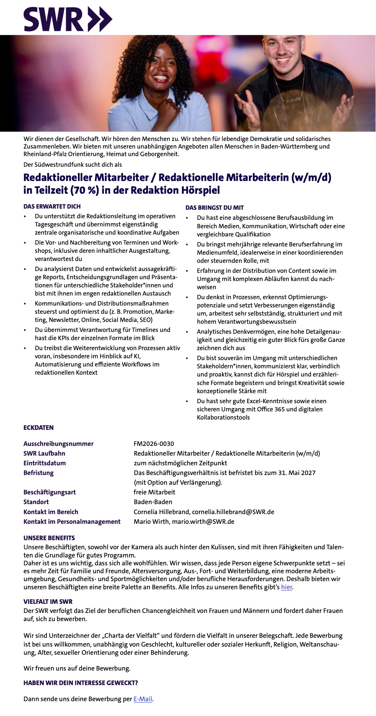 Redaktioneller Mitarbeiter / Redaktionelle Mitarbeiterin (w/m/d) in Teilzeit (70 %) in der Redaktion Hörspiel
