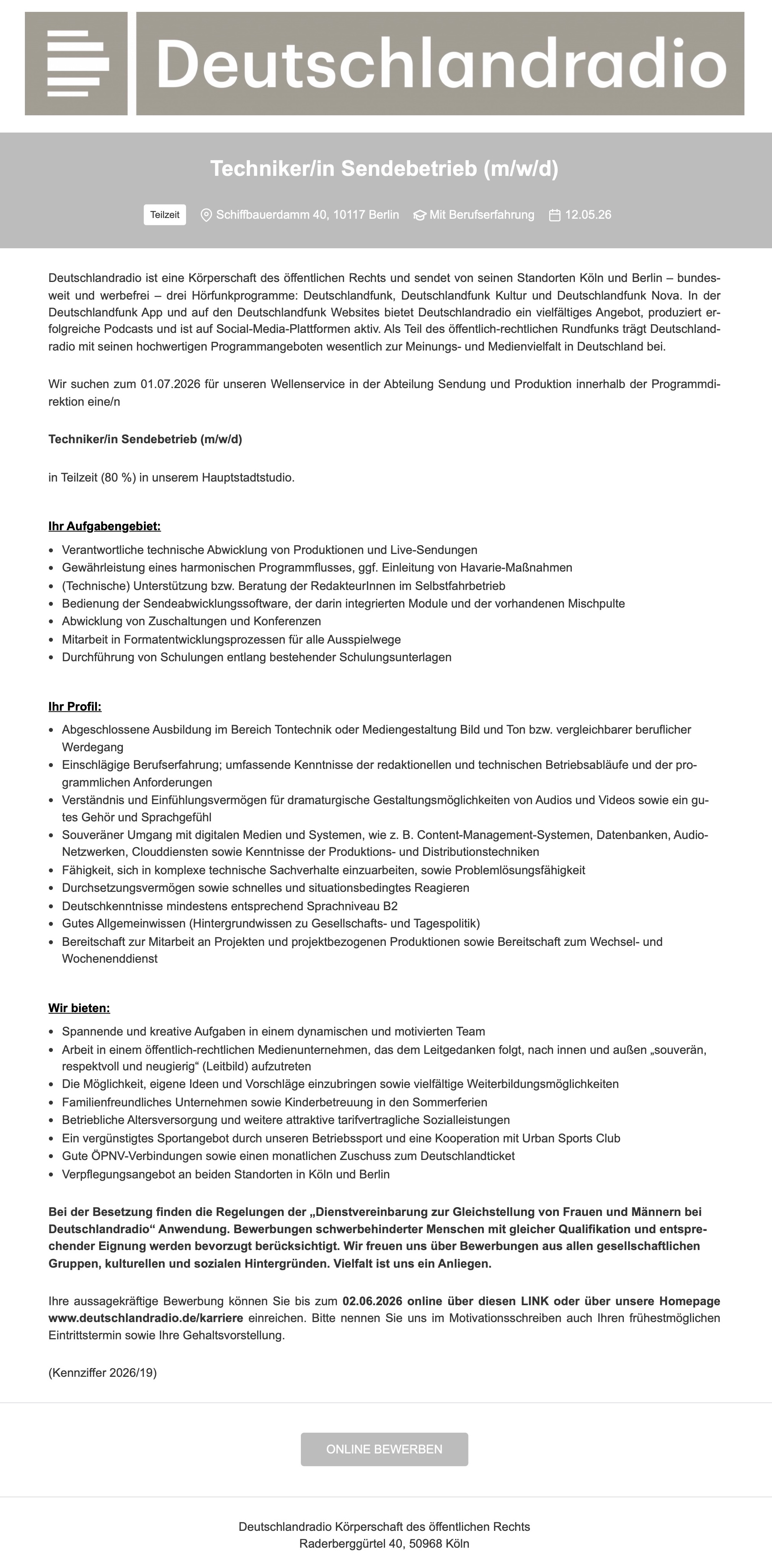 Techniker/in Sendebetrieb (m/w/d)