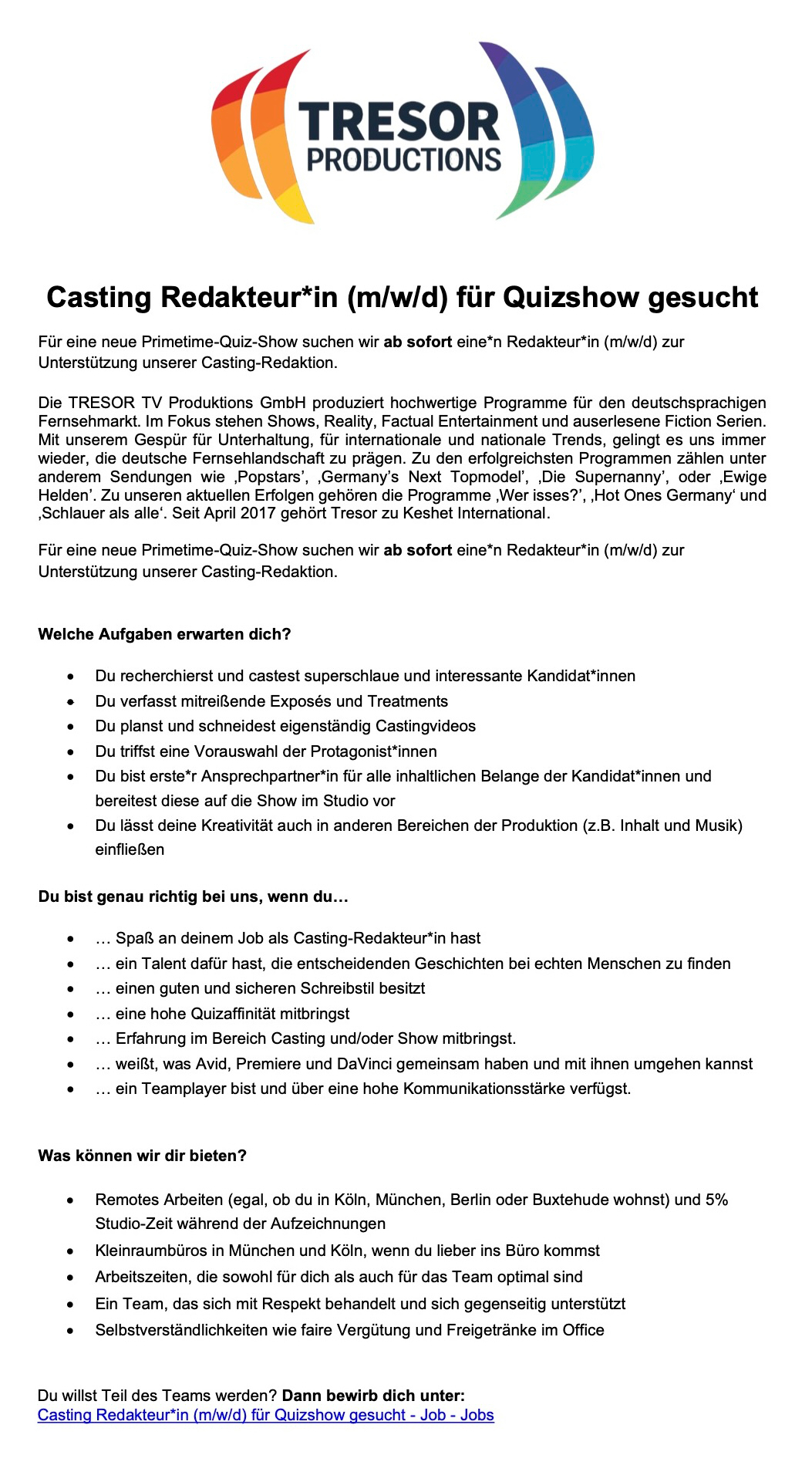Casting Redakteur*in (m/w/d) für Quizshow