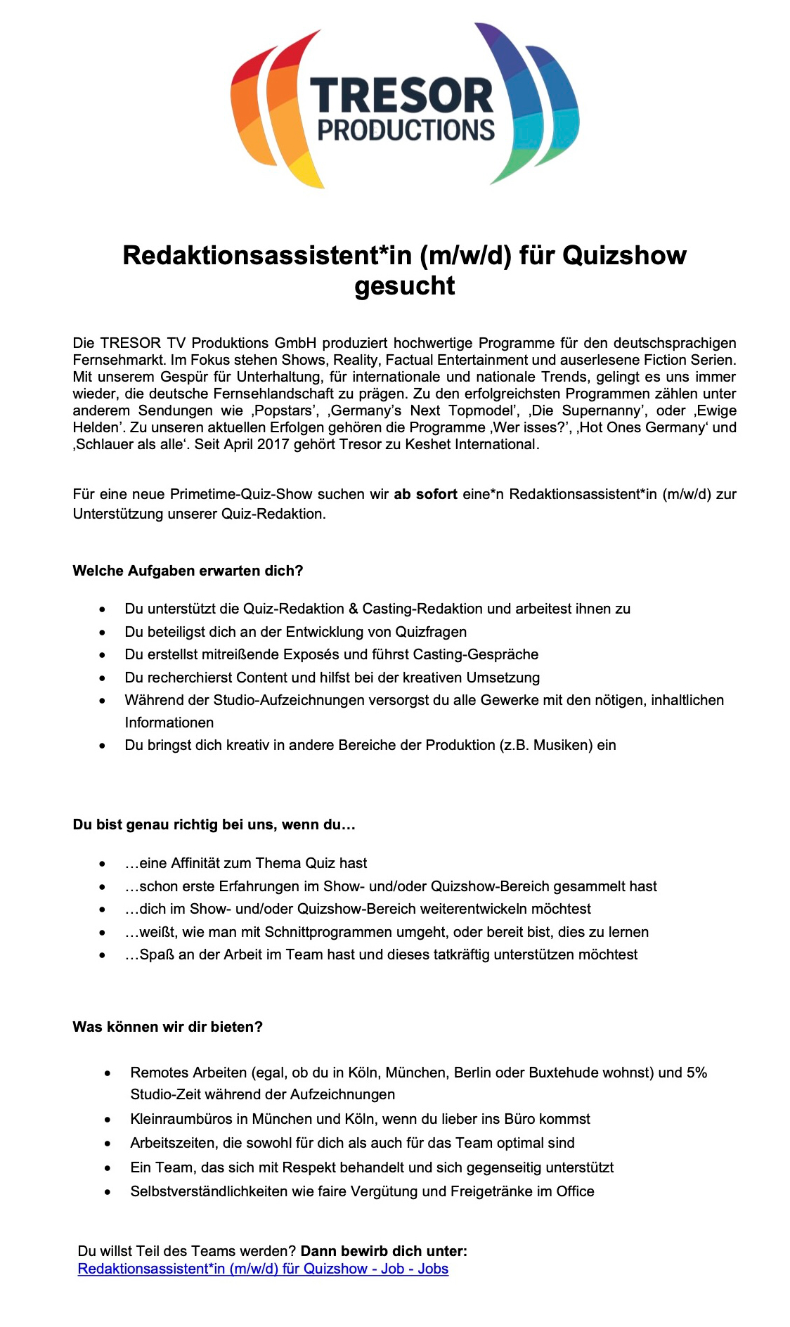 Redaktionsassistent*in (m/w/d) für Quizshow