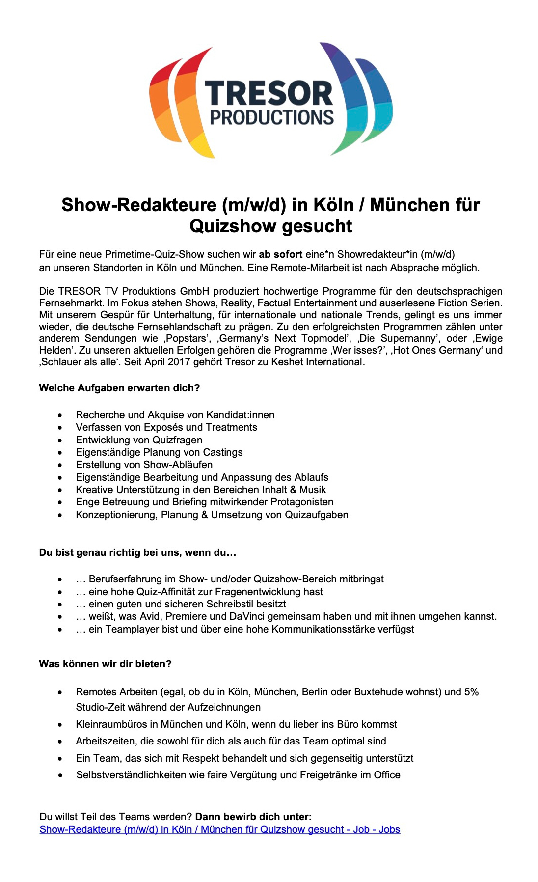 Show-Redakteure (m/w/d) für Quizshow