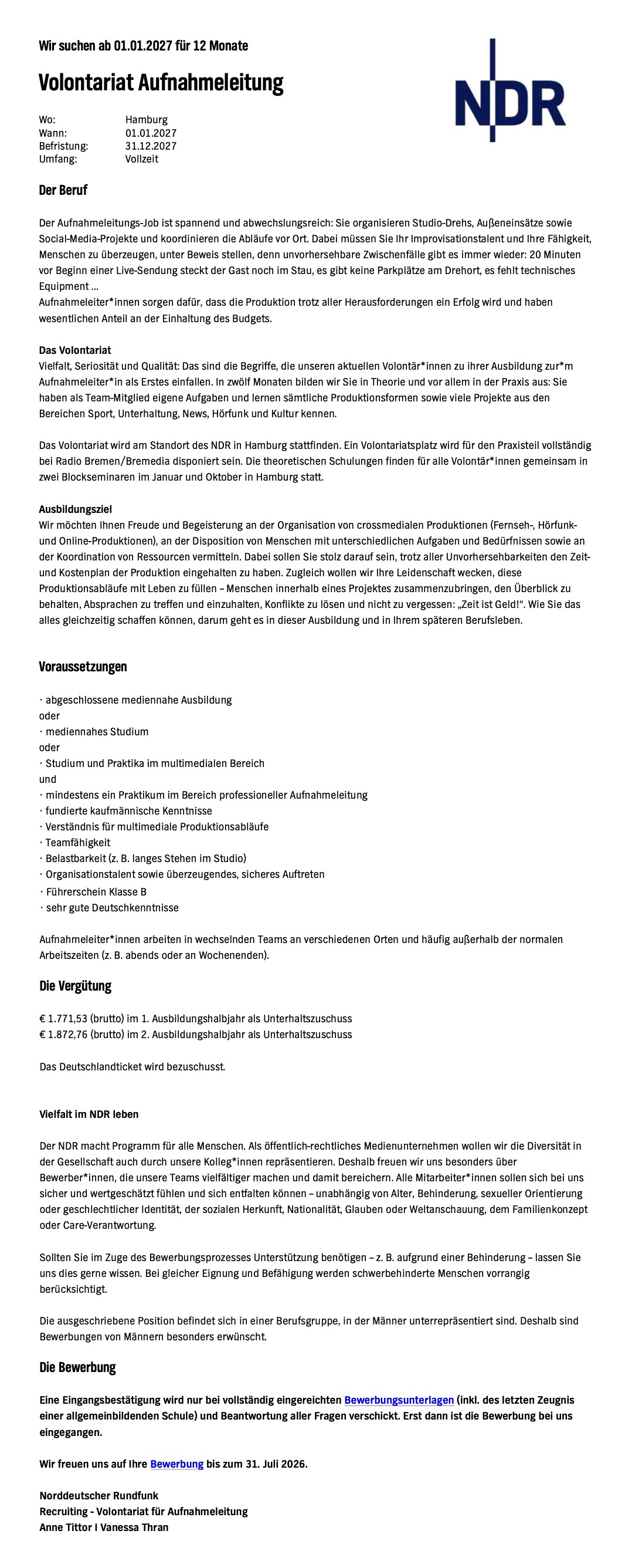 Volontariat Aufnahmeleitung