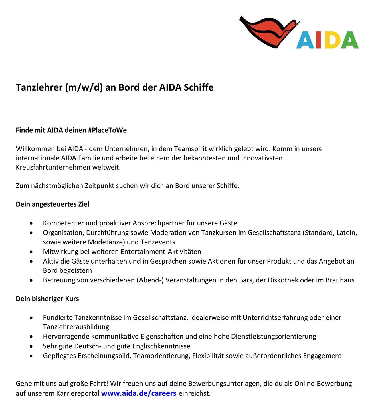 Tanzlehrer (m/w/d) an Bord der AIDA Schiffe