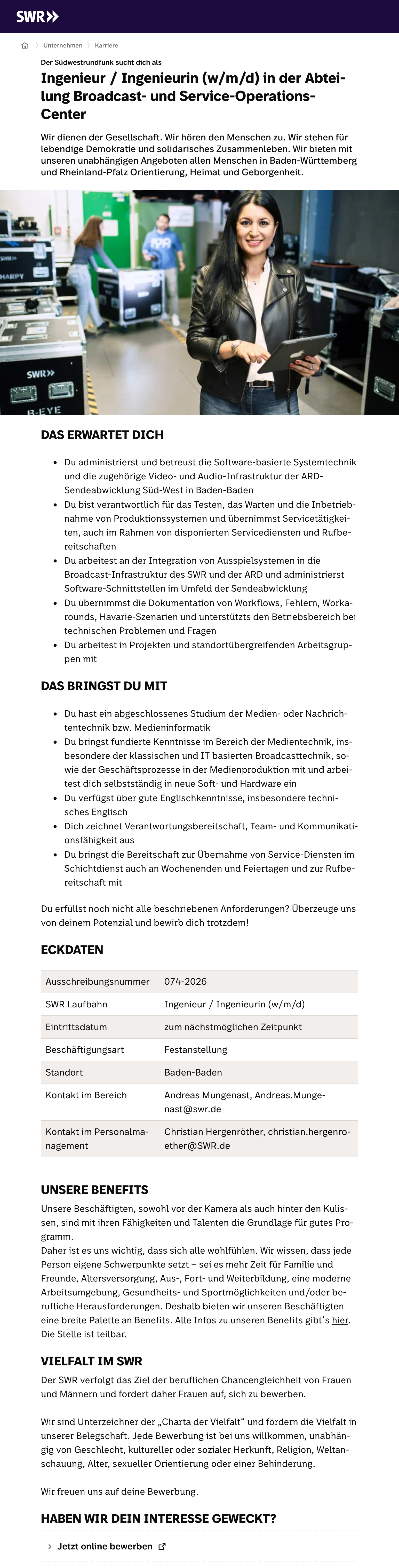 Ingenieur / Ingenieurin (w/m/d) in der Abteilung Broadcast- und Service-Operations-Center