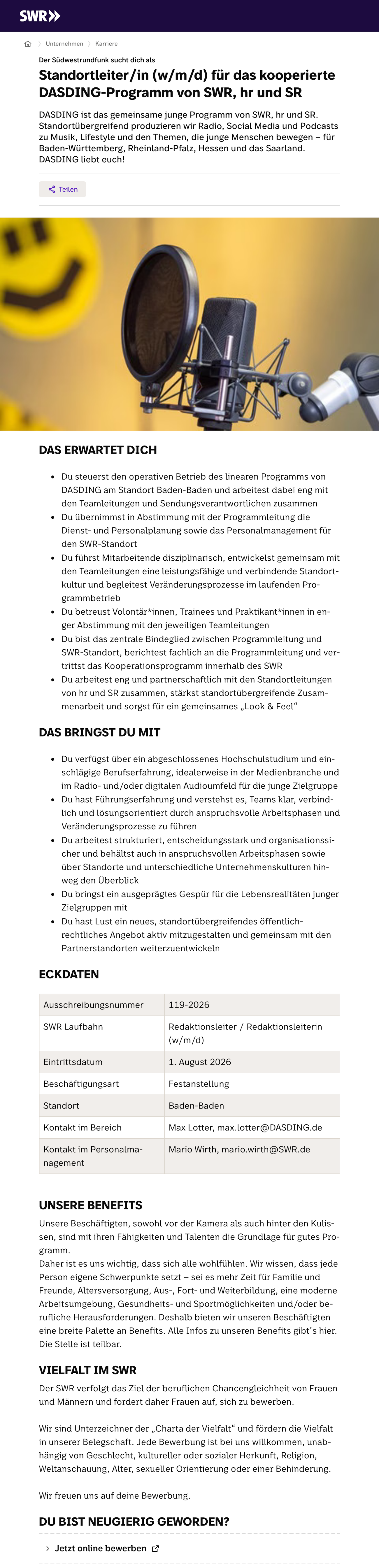 Standortleiter/in (w/m/d) für das kooperierte DASDING-Programm von SWR, hr und SR