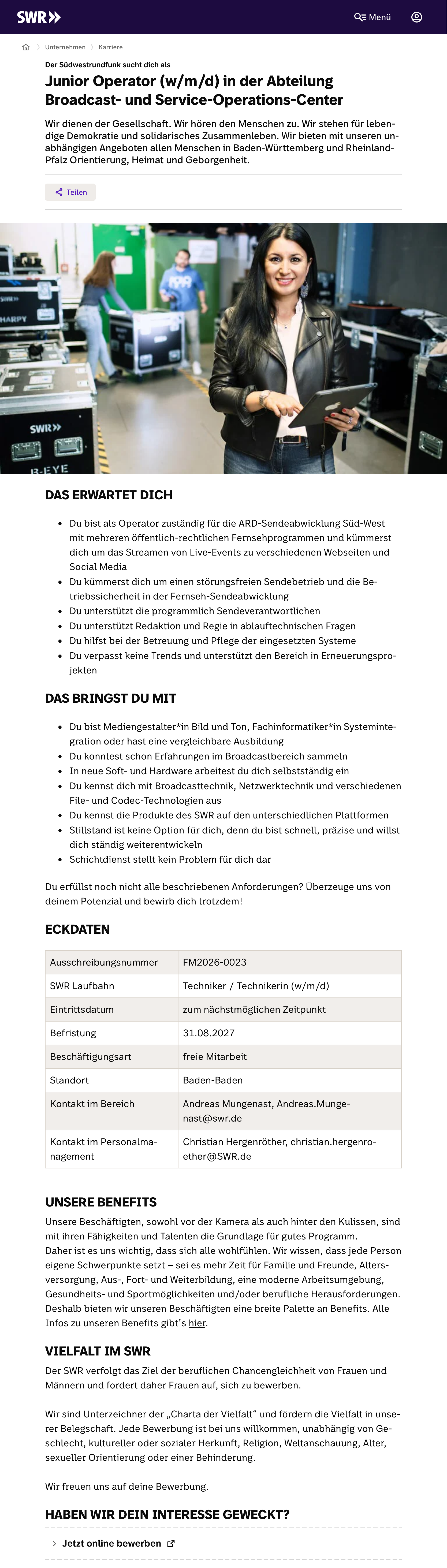 Junior Operator (w/m/d), Abt. Broadcast- und Service-Operations-Center
