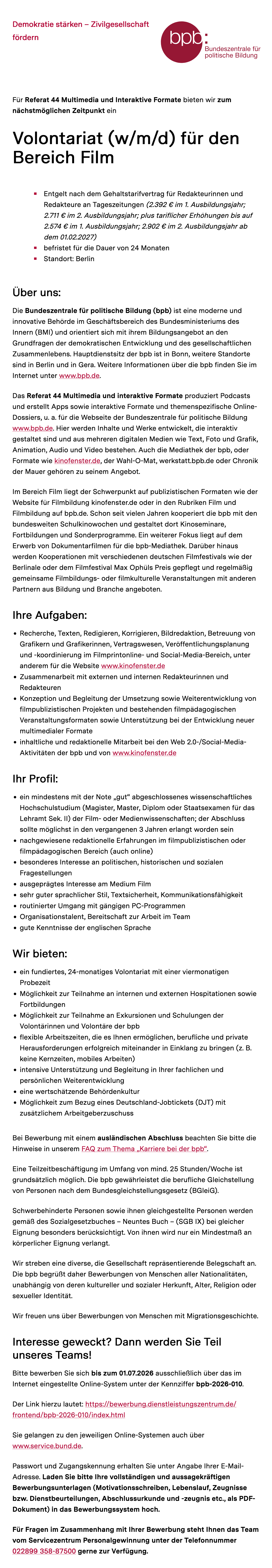 Volontariat für den Bereich Film