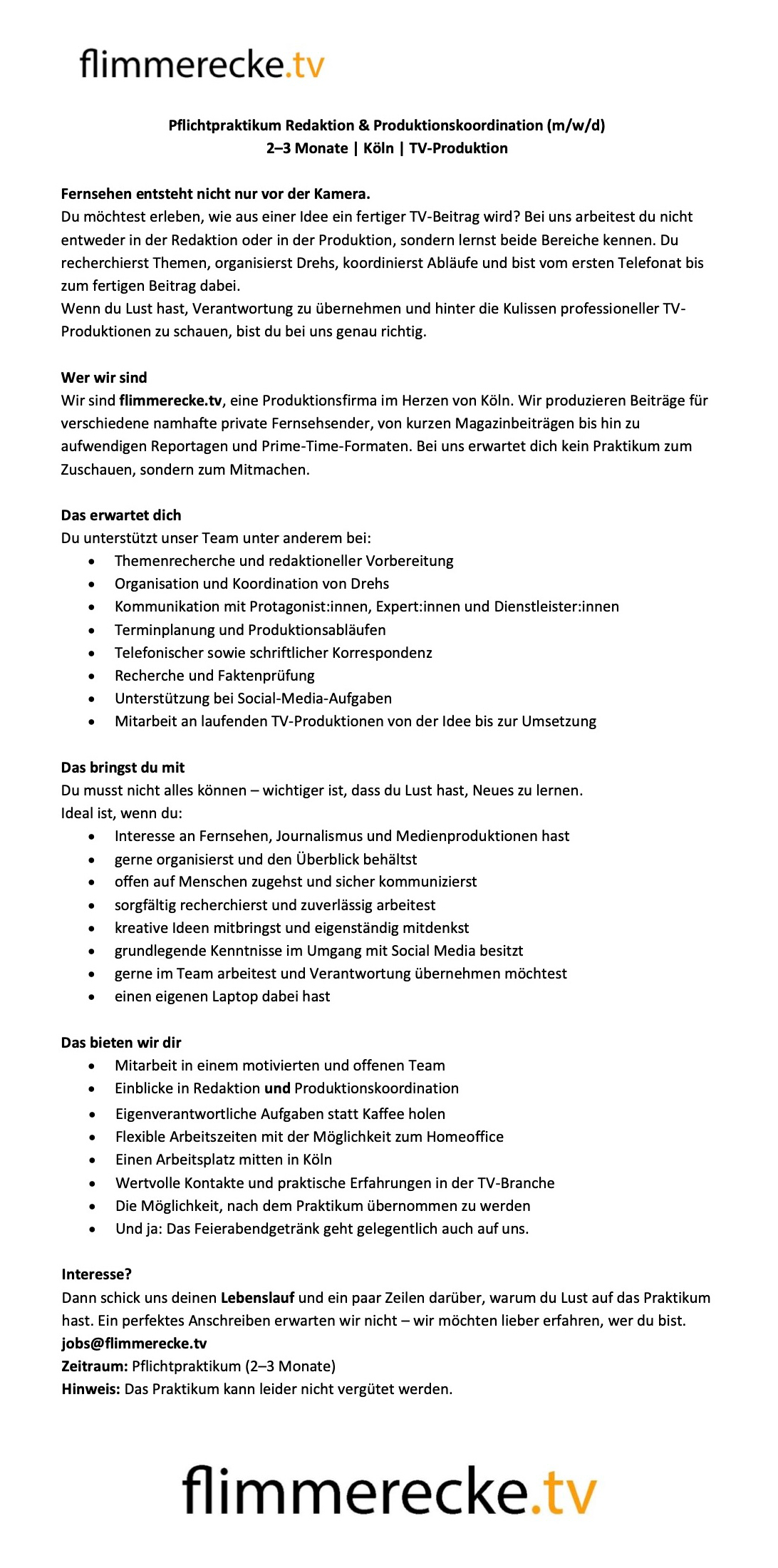 Pflichtpraktikum Redaktion & Produktionskoordination 